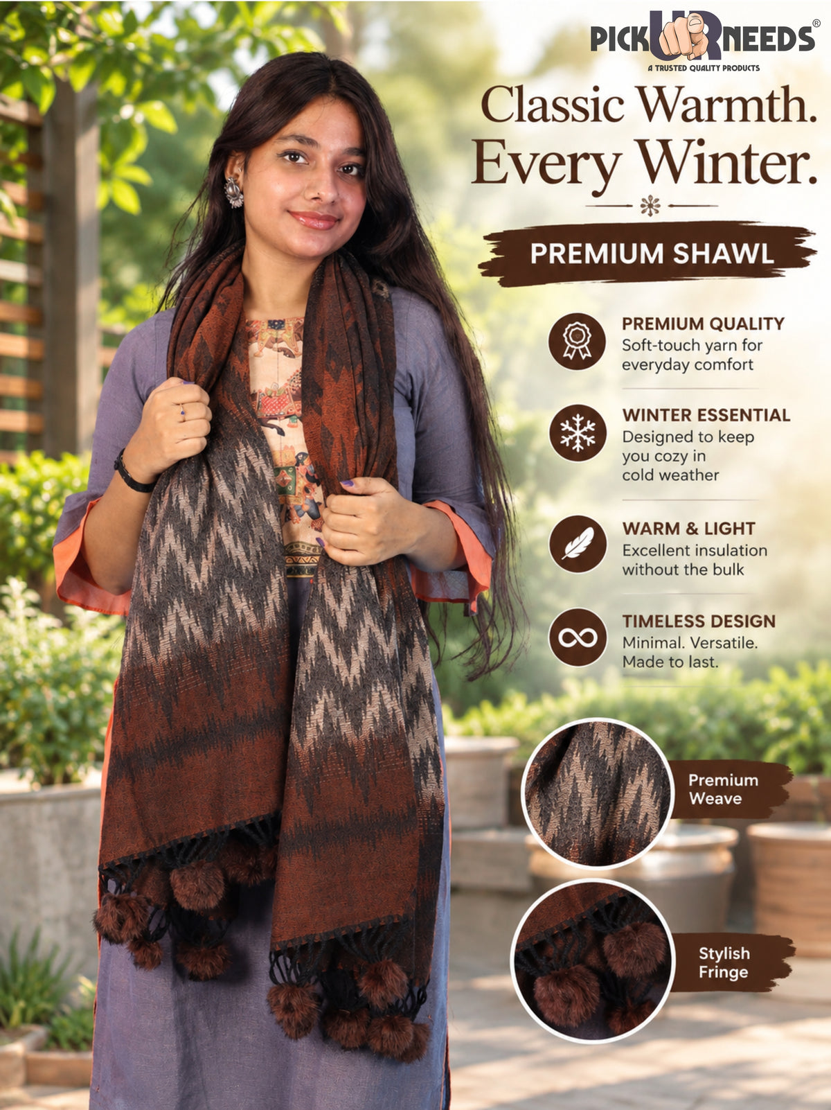 Pick Ur Needs Women Winter Shawl Soft Warm Geometric Printed Woolen Style Stole with Pom Pom Tassels Stylish Long Wrap Muffler for Women & Girls