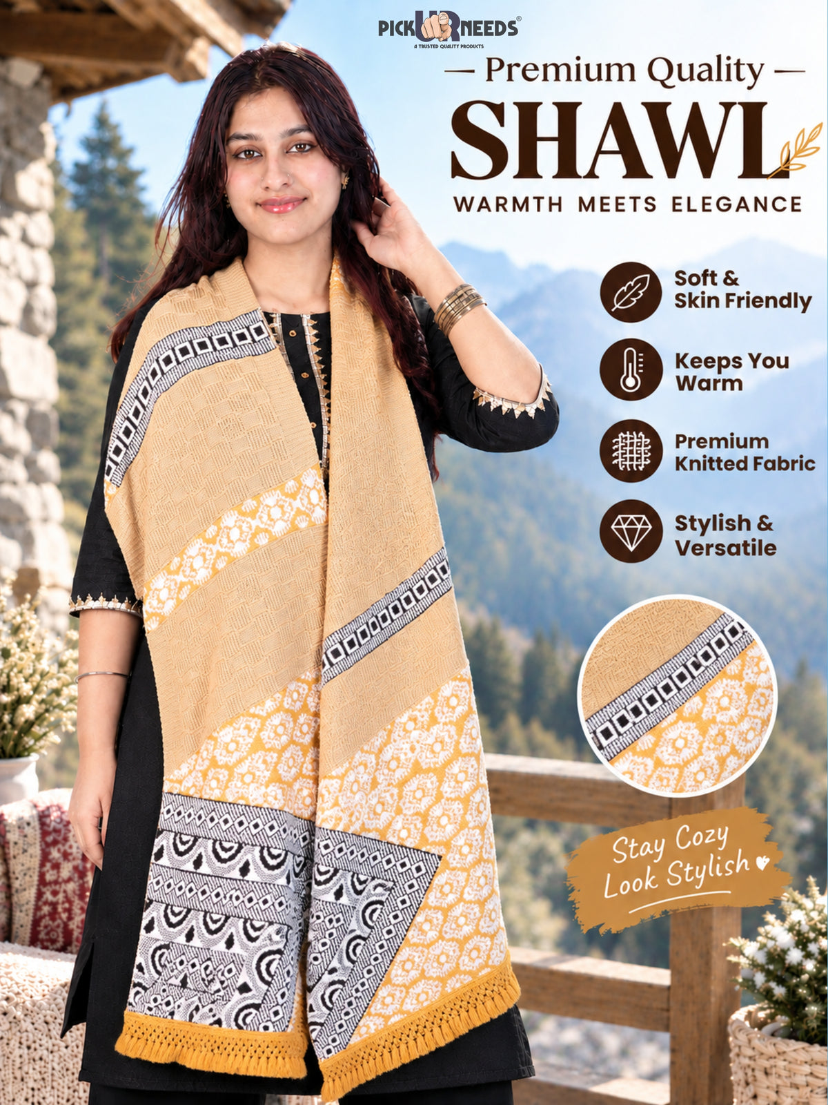 Pick Ur Needs Winter Girls & Womens Woolen Shawl, Soft Warm Printed Wrap with Elegant Pattern & Fringe Border