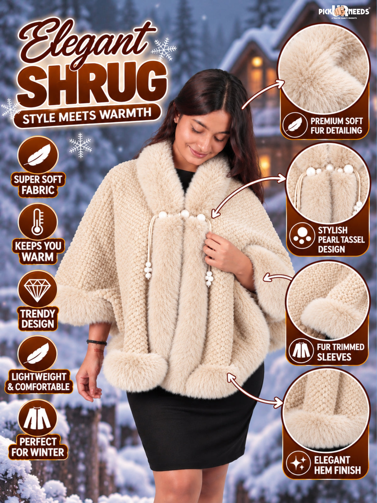 Pick Ur Needs Ladies Winter Shrug with Plush Fur Style Border & Pearl Bead Accents Textured Soft Fabric Open Front Cape Poncho with Wide Sleeves for Girls & Women