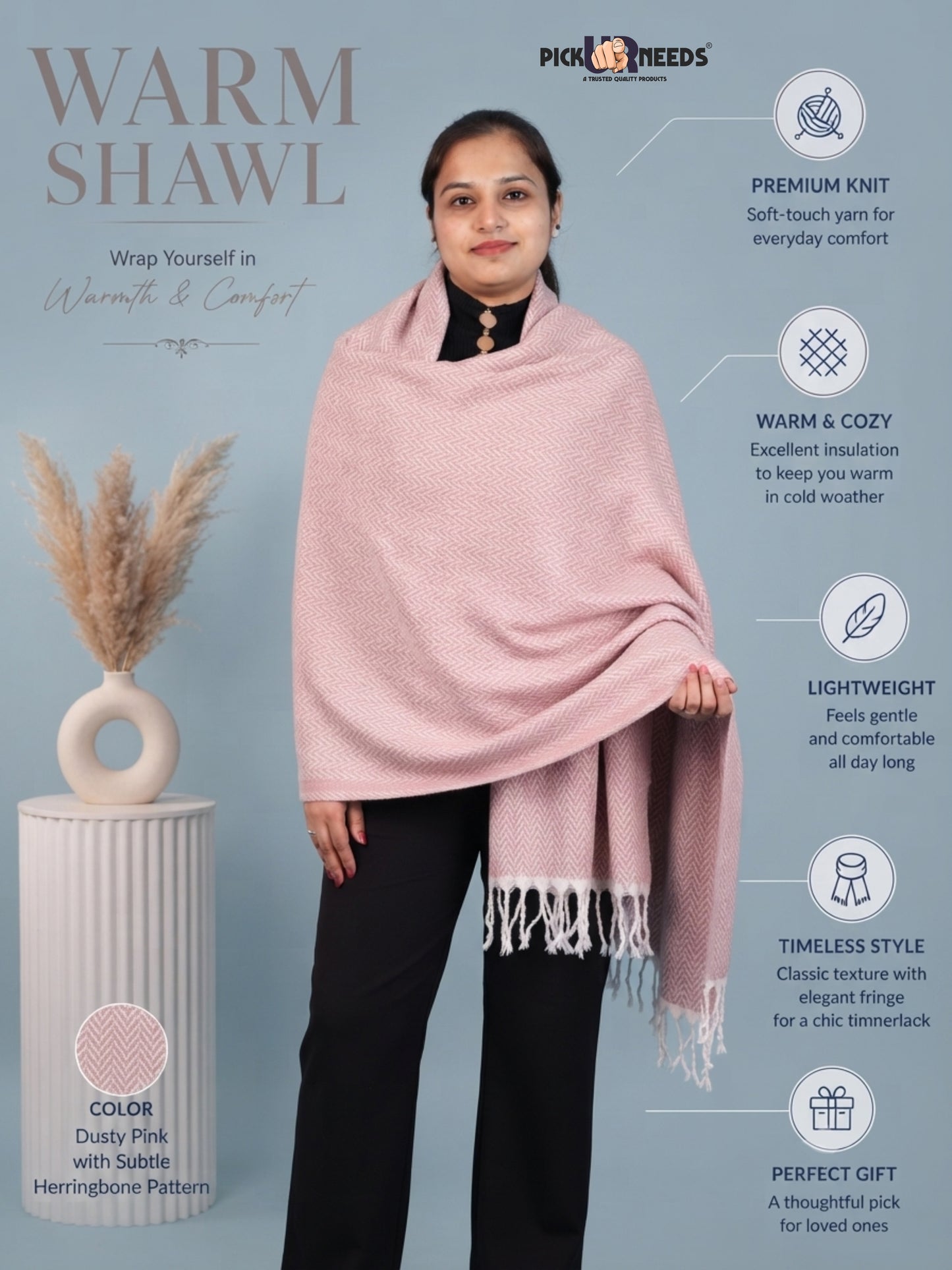 Pick Ur Needs Women’s Winter Muffler Shawl Soft & Warm Knitted Herringbone Wrap with Elegant Fringe Stole For Girls