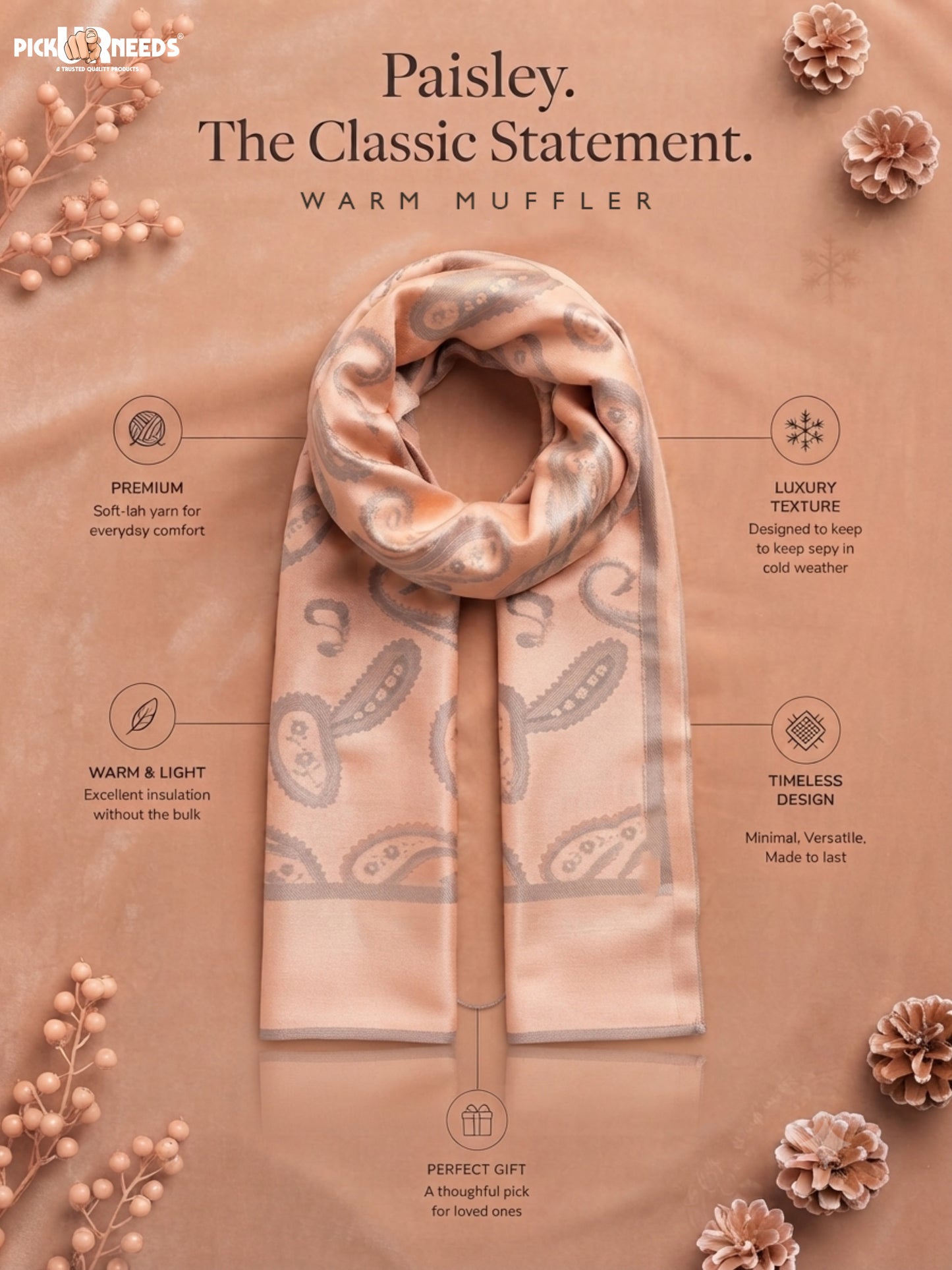 Pick Ur Needs Mens 2-in-1 Shawl & Stole, Elegant Paisley Print Winter Wrap, Lightweight Warm Shoulder Scarf for Boys, Stylish Reversible-Style