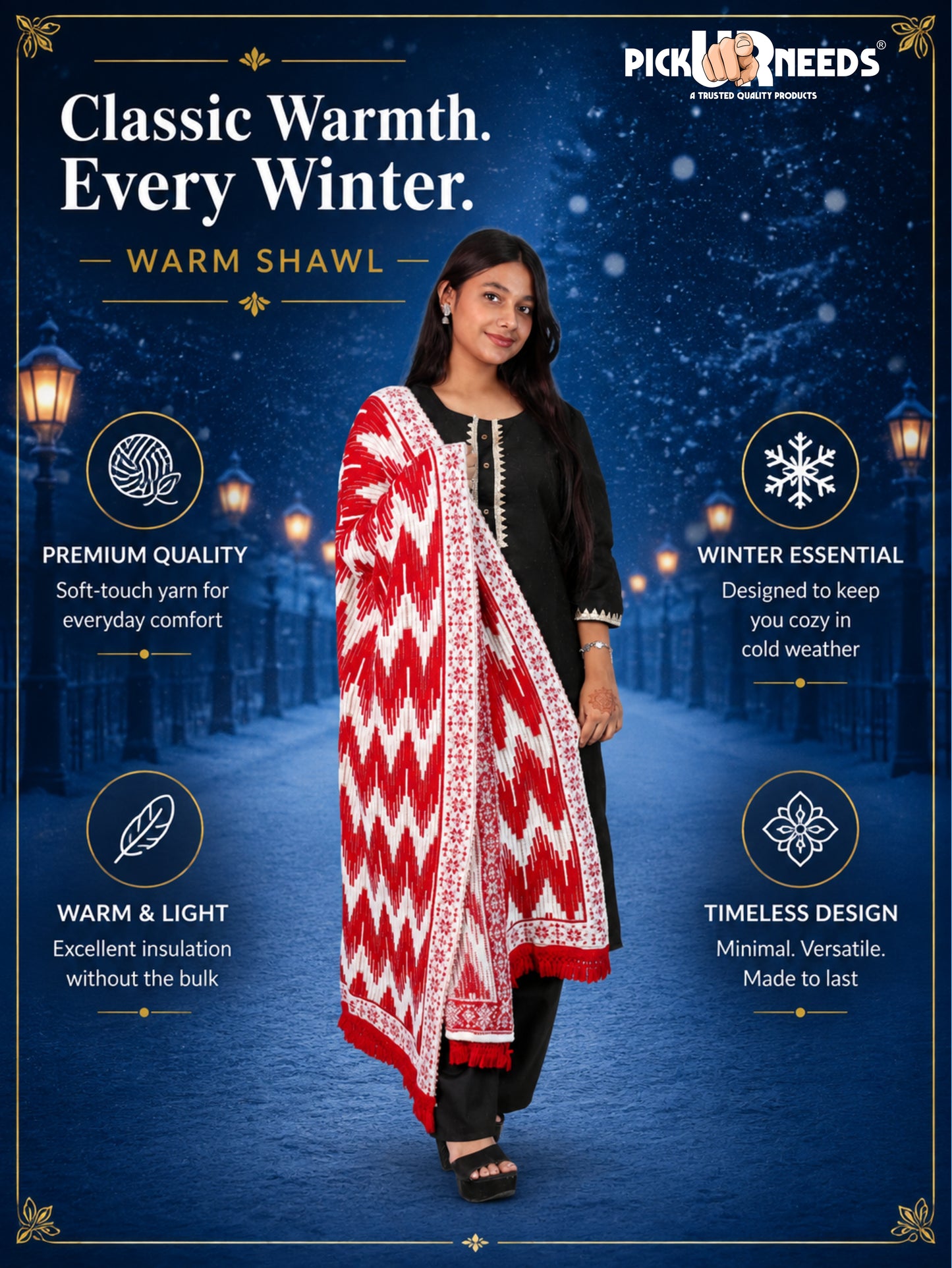 Pick Ur Needs Premium Wool Shawl For Womens & Girls Winter Muffler Soft Knitted Designer Wrap Warm Stole