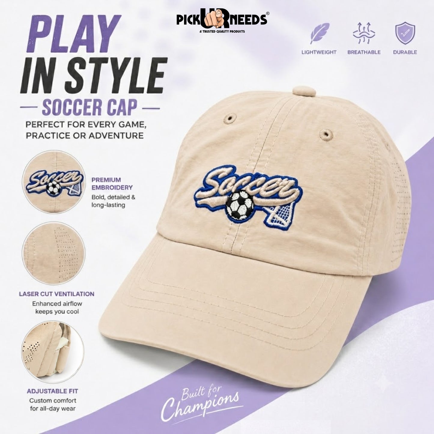 Pick Ur Needs Soccer Embroidered Performance Baseball Cap for Kids & Teens – Breathable Sun Protection Sports Hat, Adjustable Lightweight Soccer Caps