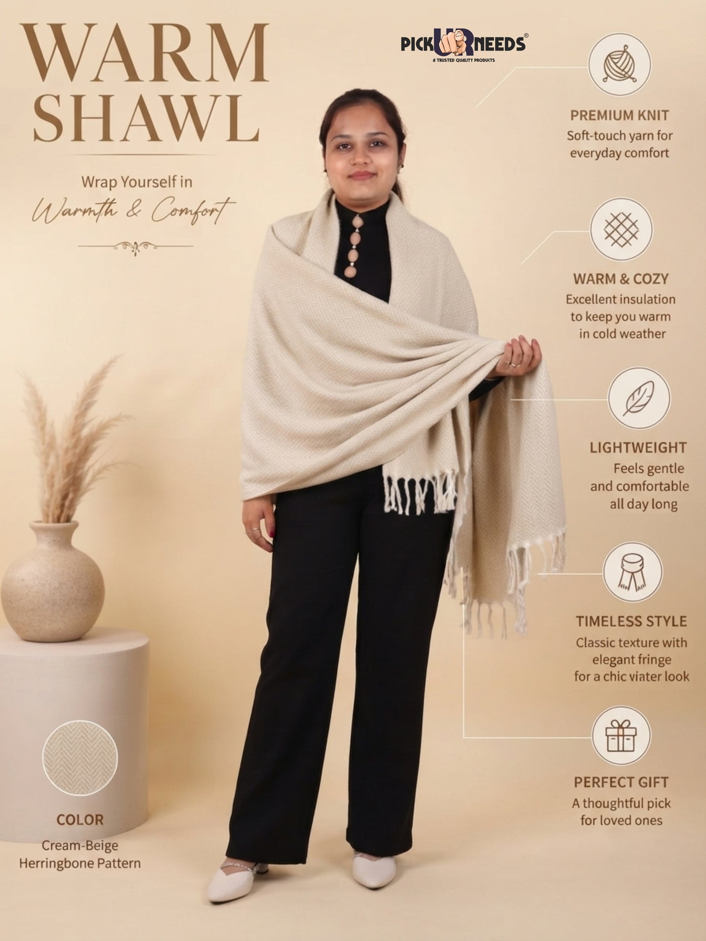 Pick Ur Needs Women’s Winter Muffler Shawl Soft & Warm Knitted Herringbone Wrap with Elegant Fringe Stole For Girls