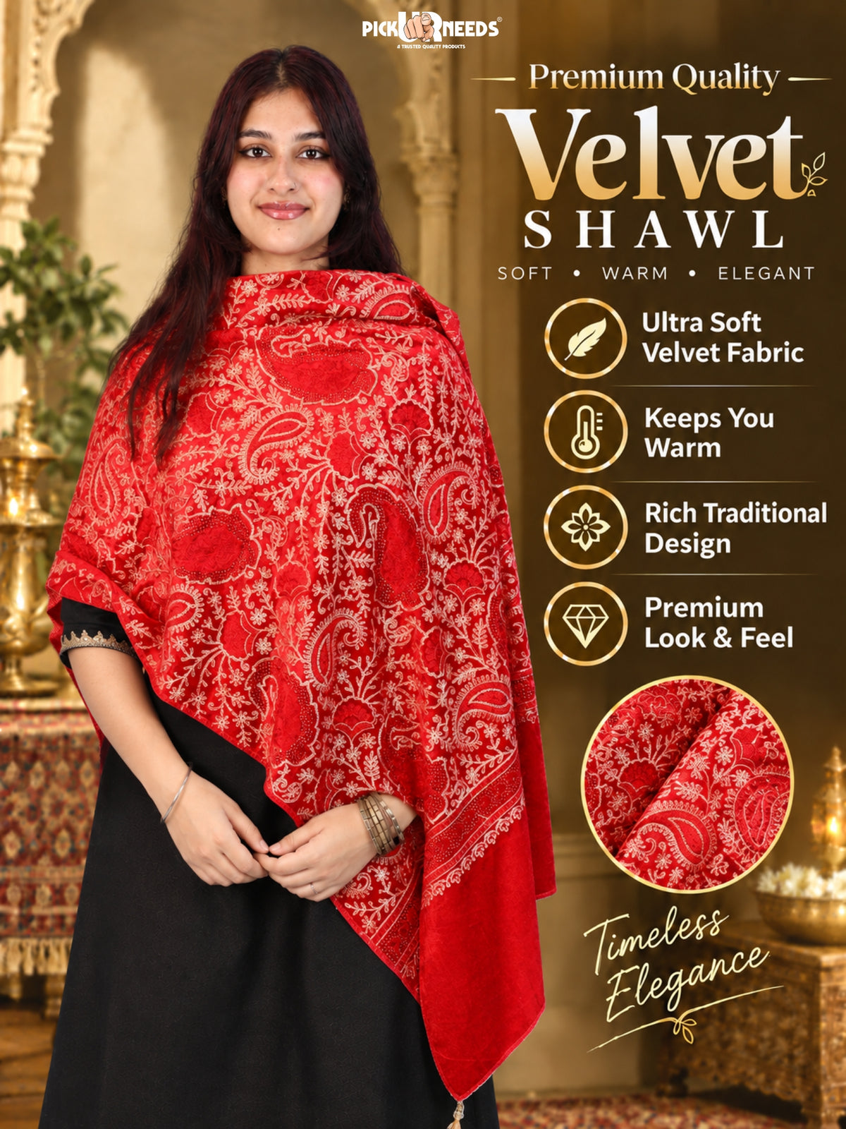 Pick Ur Needs Premium Winter Shawl for Women Ultra Soft & Cozy Warm Velvet Fabric with Rich Traditional Floral Design For Girls