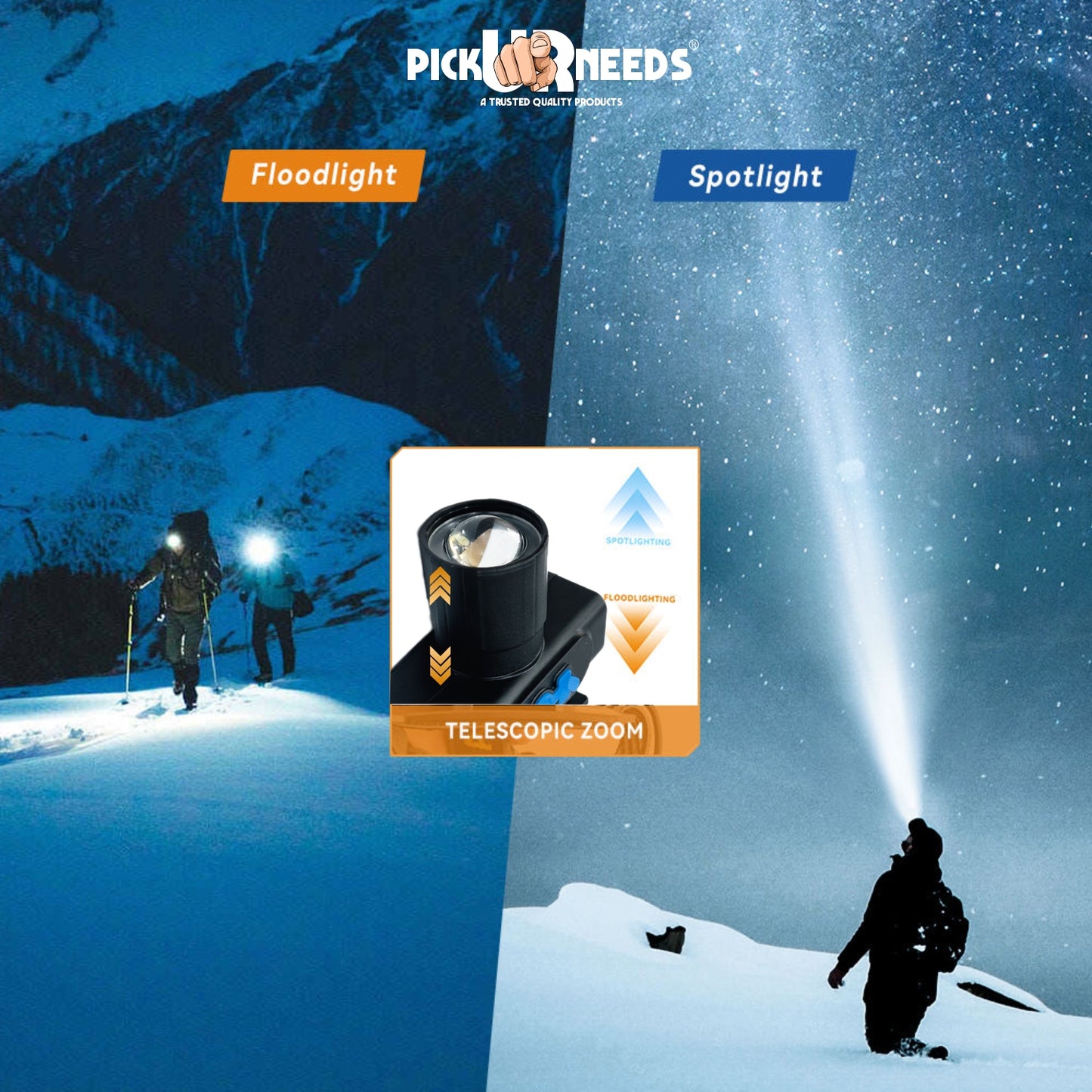 Pick Ur Needs Rechargeable Long Range Dimmable Zoom LED Headlamp 75W 800mAH 3 Light Modes 5 hrs Flood Lamp Emergency Light