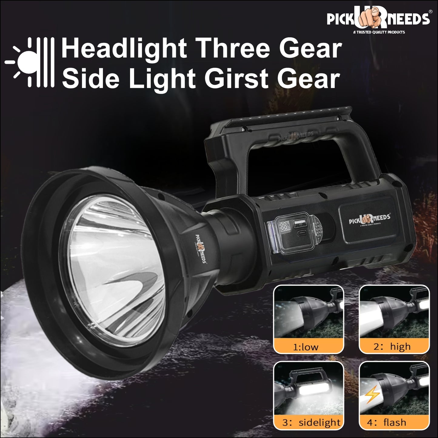 Pick Ur Needs LED 100W LongRange Search Torch With 4 Modes, Multi Purpose, Handheld,Waterproof Torch  (Black, 13 cm, Rechargeable)