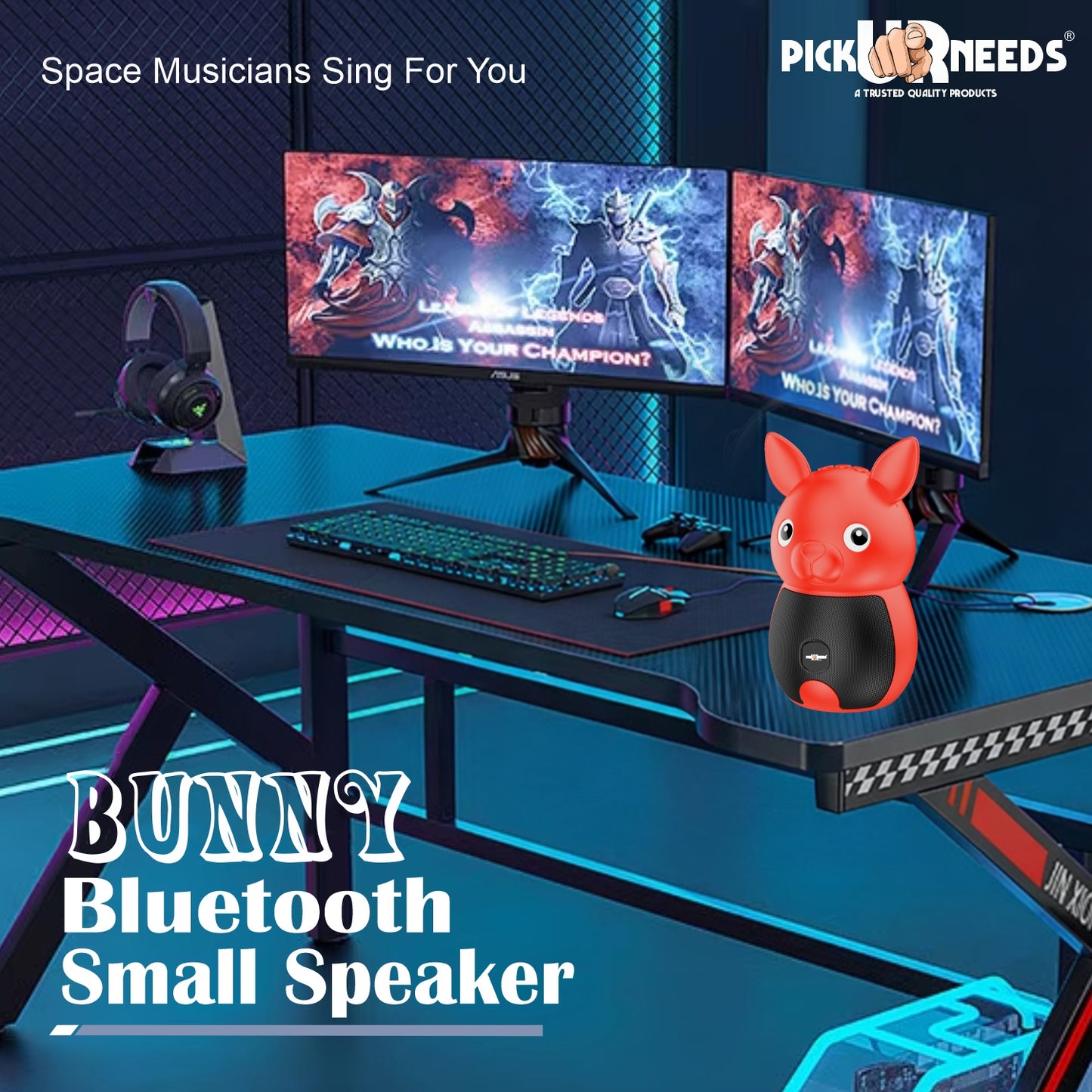 Pick Ur Needs Bunny Bluetooth Speaker | Cute Portable Wireless Speakers with TWS, FM Radio, USB & TF Card | Rechargeable Mini Speaker for Kids & Desk Use