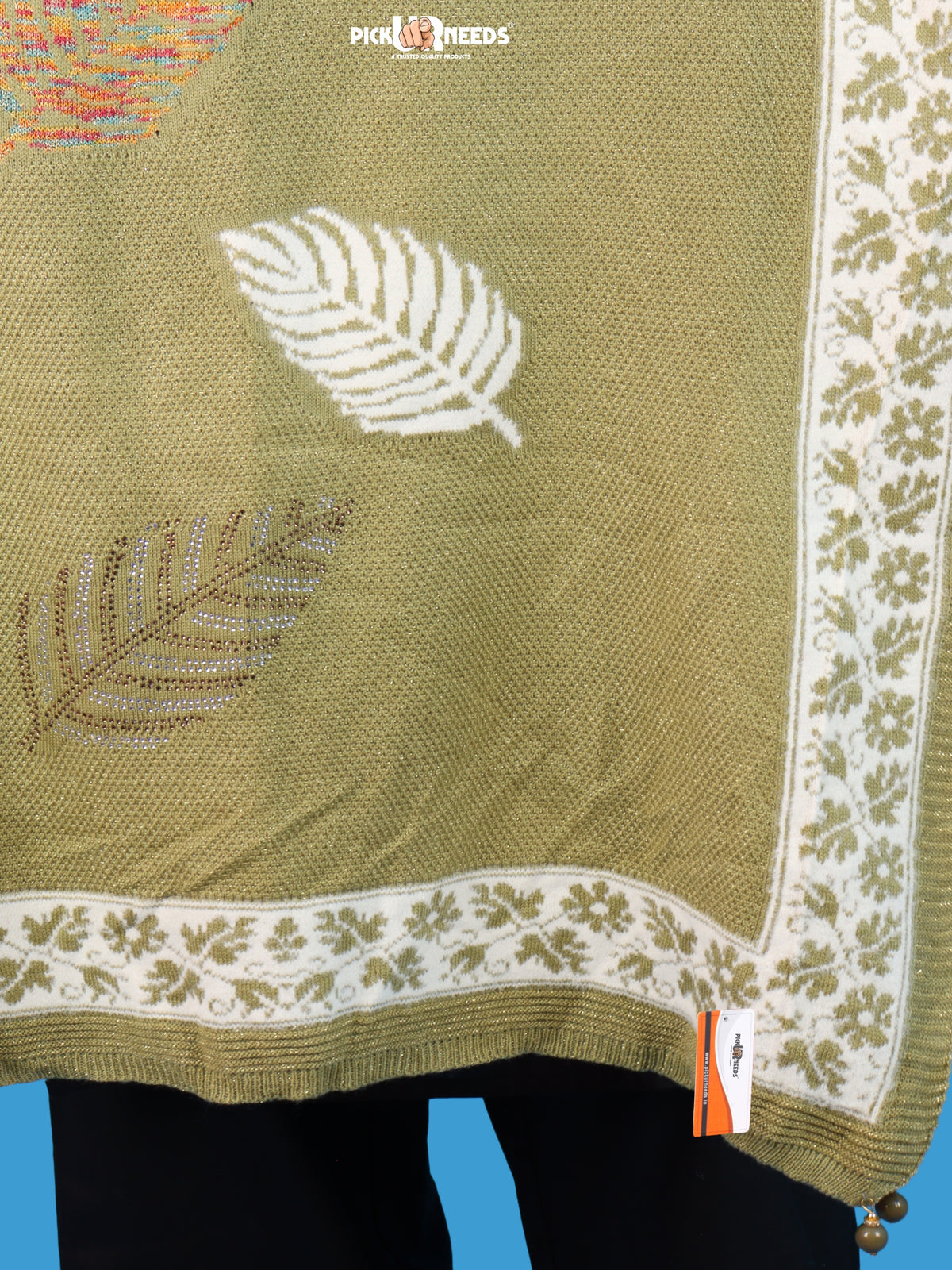 Pick Ur Needs Girls & Womens Winter Soft Lightweight Knitted Shawl with Leaf Design, Floral Border & Decorative Tassels