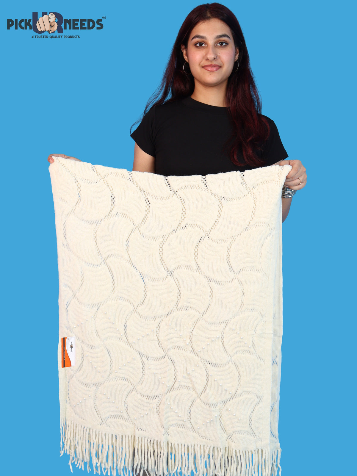 Pick Ur Needs Women & Girls Winter Warm Woolen Muffler with Pearl Work & Fringes – Soft Stylish Wrap