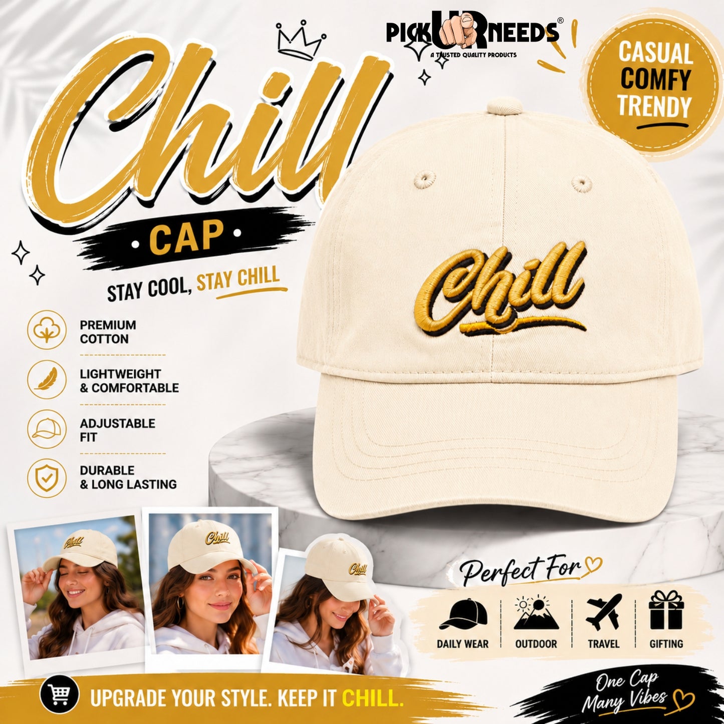 Pick Ur Needs Chill Embroidered Baseball Cap, Adjustable Dad Hat, Everyday Essential Sun Protection Caps Kids