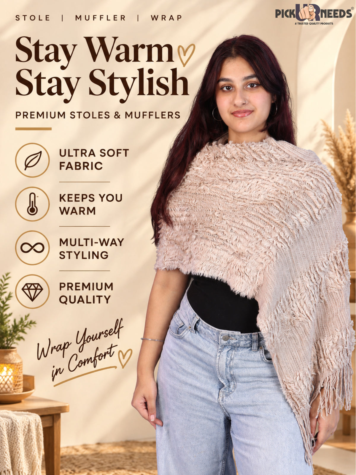Pick Ur Needs Premium Winter Muffler for Women & Girls Soft Textured Woven with Fringe Detailing Warm Lightweight Neck Wrap