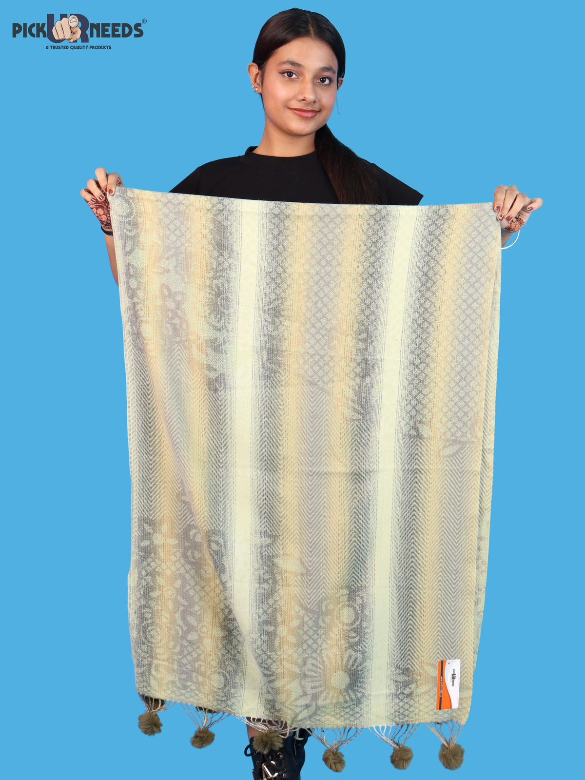 Pick Ur Needs Soft Woolen Designer Winter Shawl with Beautiful Floral Pattern & Pom Pom Tassels For Girls & Womens