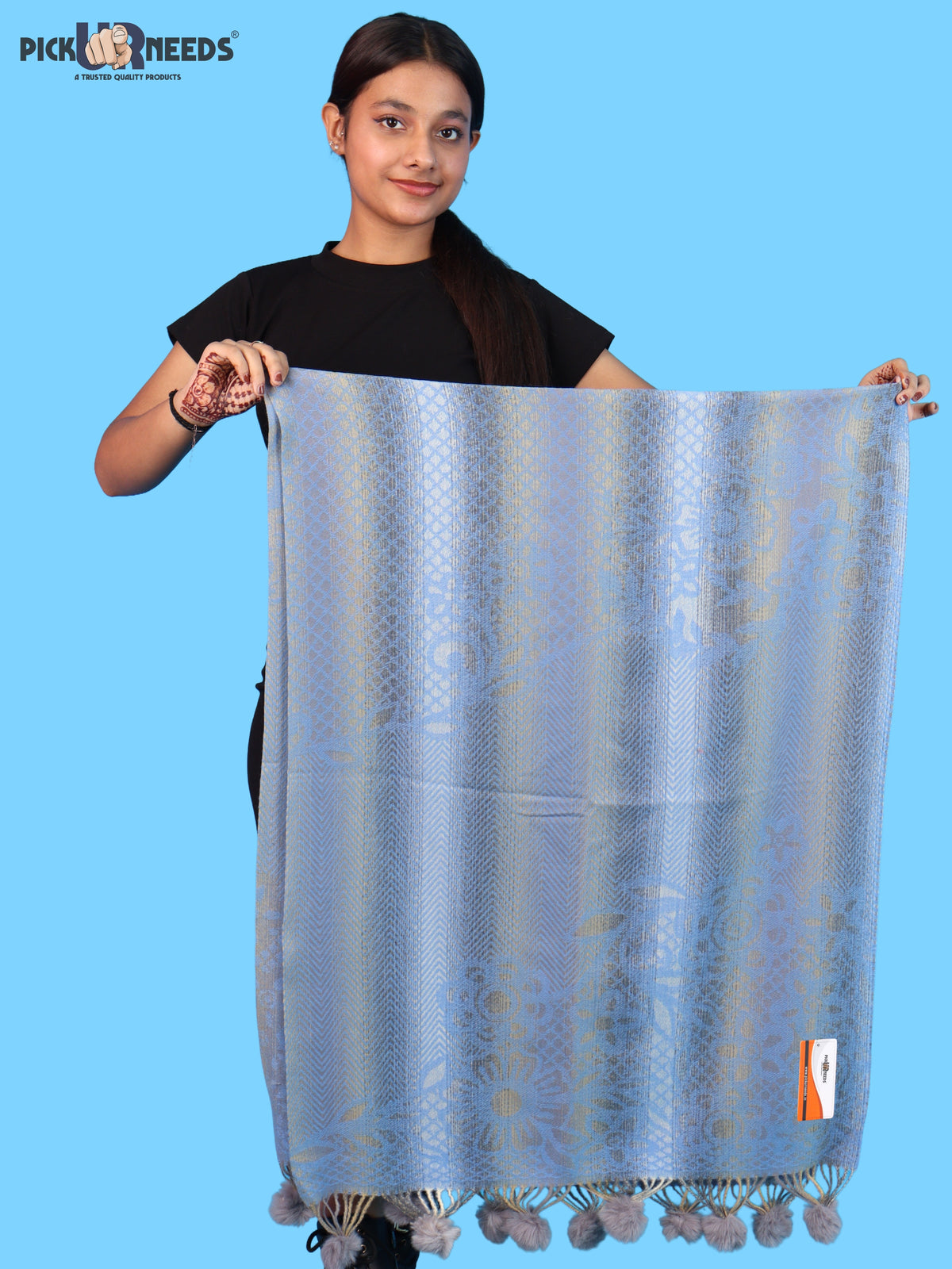 Pick Ur Needs Soft Woolen Designer Winter Shawl with Beautiful Floral Pattern & Pom Pom Tassels For Girls & Womens