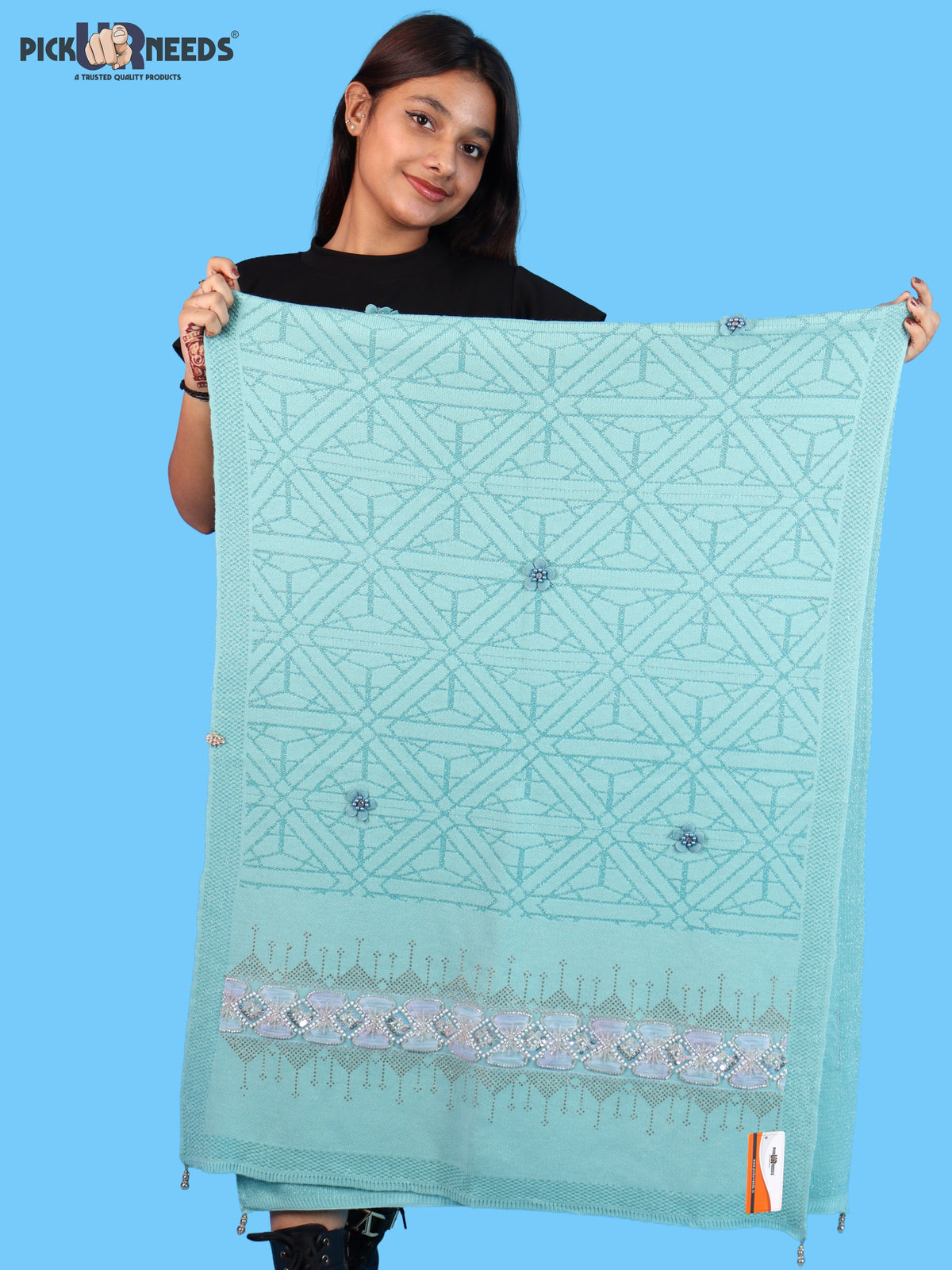 Pick Ur Needs Womens Soft Woolen Winter Girls Shawl with Elegant Geometric Design & Floral Embellishments Lightweight Warm Comfortable Ladies Shawl