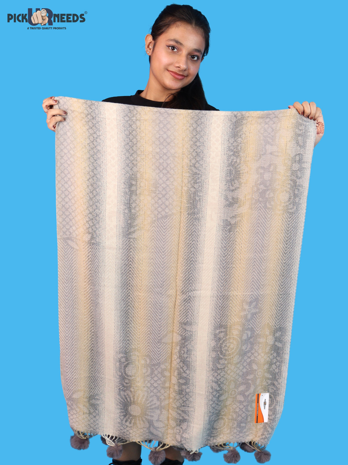 Pick Ur Needs Soft Woolen Designer Winter Shawl with Beautiful Floral Pattern & Pom Pom Tassels For Girls & Womens