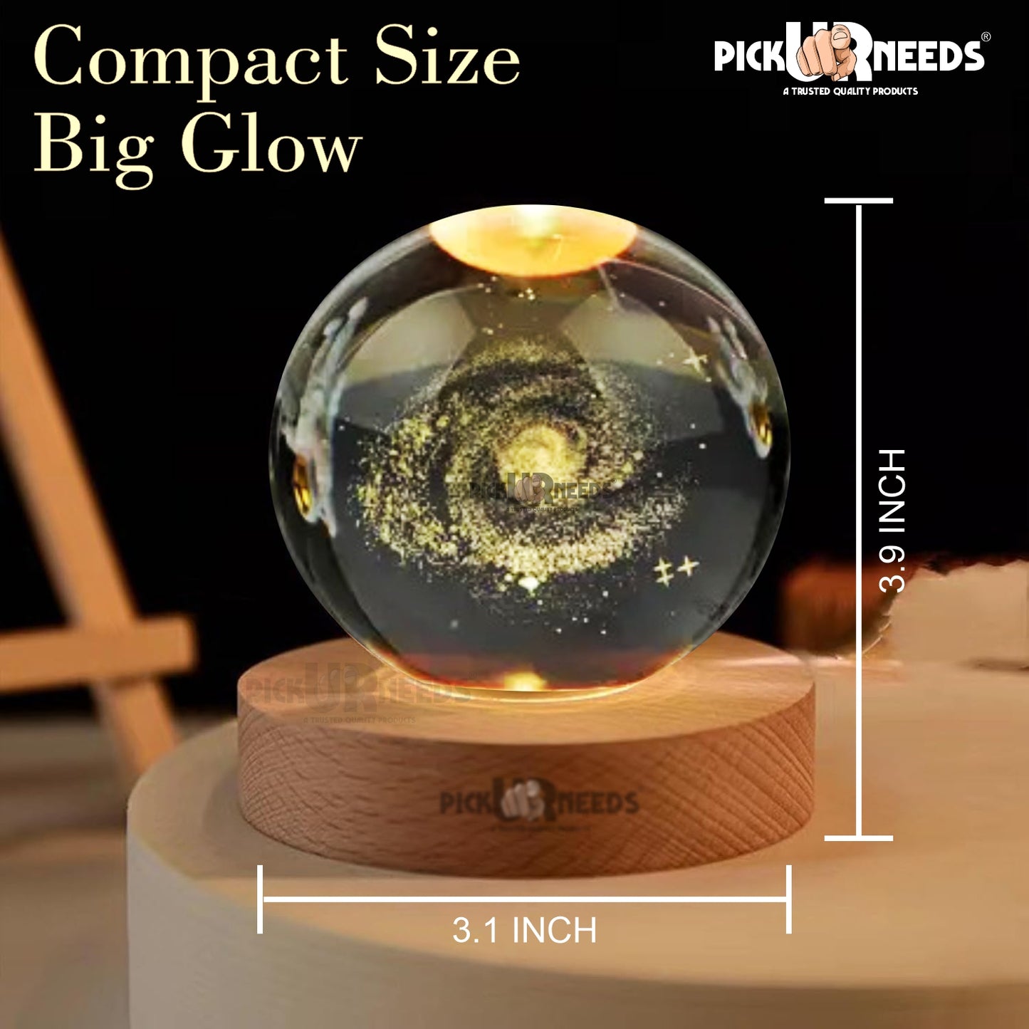 Pick Ur Needs 3D Galaxy Laxmi Ganesh Crystal Ball Night Light– Beech Wood Base– Decor for Home Night Lamp  (9.5 cm, Gold)