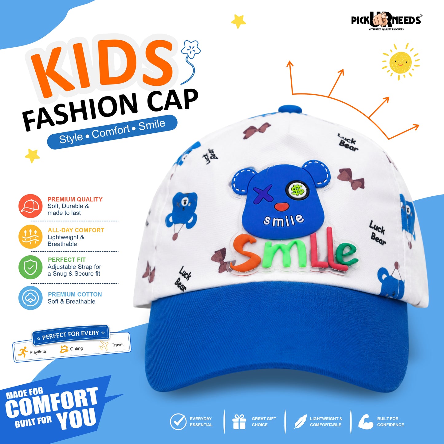 Pick Ur Needs Cute Smile Bear Kids Baseball Cartoon Printed Adjustable Cap for Boys & Girls Lightweight Hat