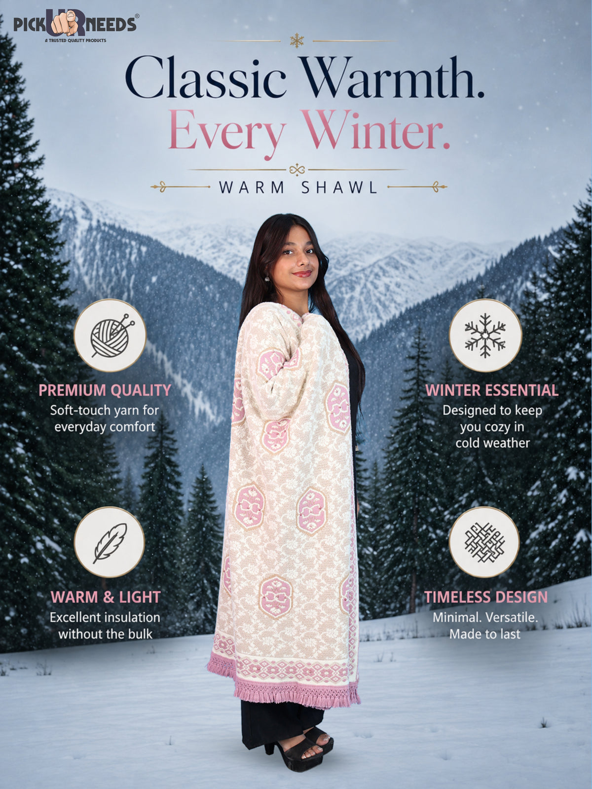Pick Ur Needs Printed Women’s Woolen Shawl with Elegant Floral Pattern & Fur Border