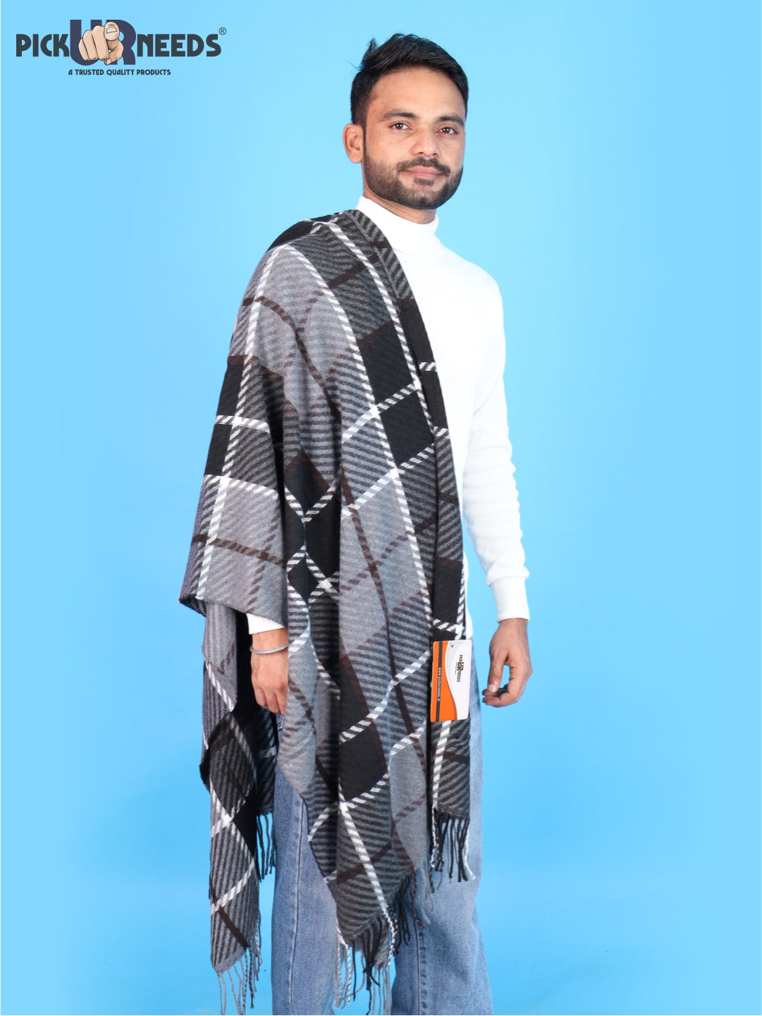 Pick Ur Needs Premium Winter Shawl & Muffler for Men & Boys | Soft Warm Checkered Pattern Woolen Style Stole Stylish Long Scarf with Fringed Ends Comfortable Neck Wrap for Winter Wear