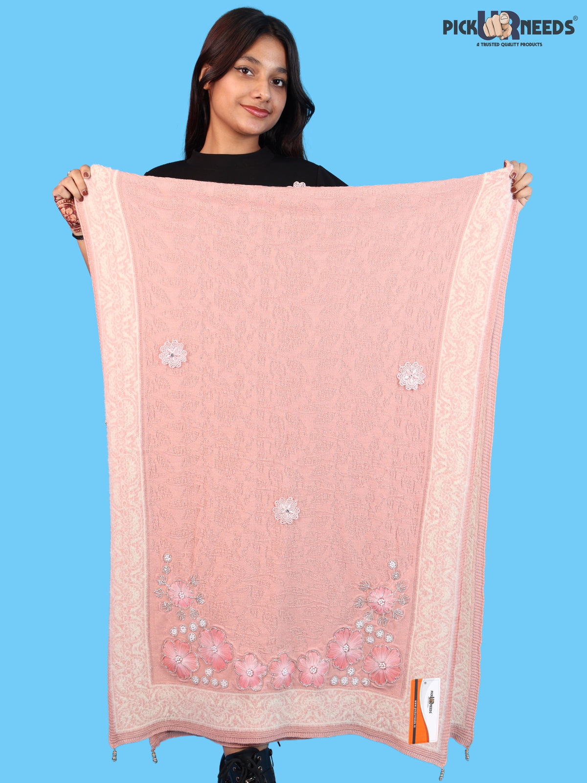 Pick Ur Needs Winter Woolen Womens Open Front Stylish Shrug with Elegant Floral Embroidery & Designer Border Soft Warm for Ladies & Girls