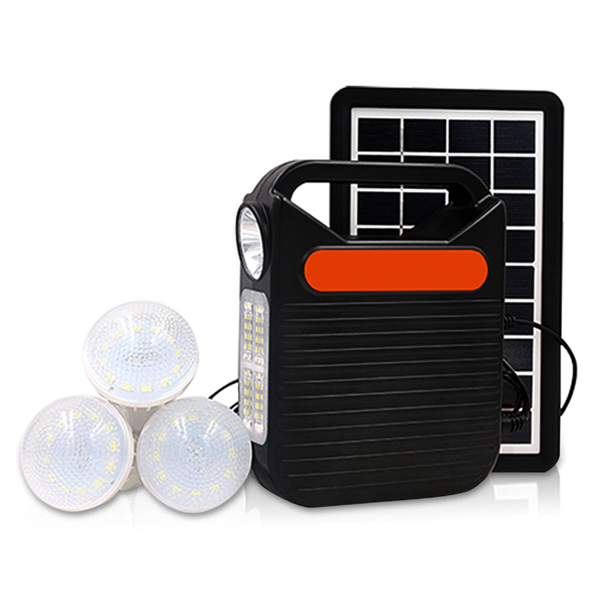 Pick Ur Needs Rocklight Portable Inverter with 3 Individual 6 Volt LED Hanging Bulbs with 3.75 Meter Long Wire and AC & DC USB Socket with USB Wire for Mobile Charging with Solar Panel Solar Light Set