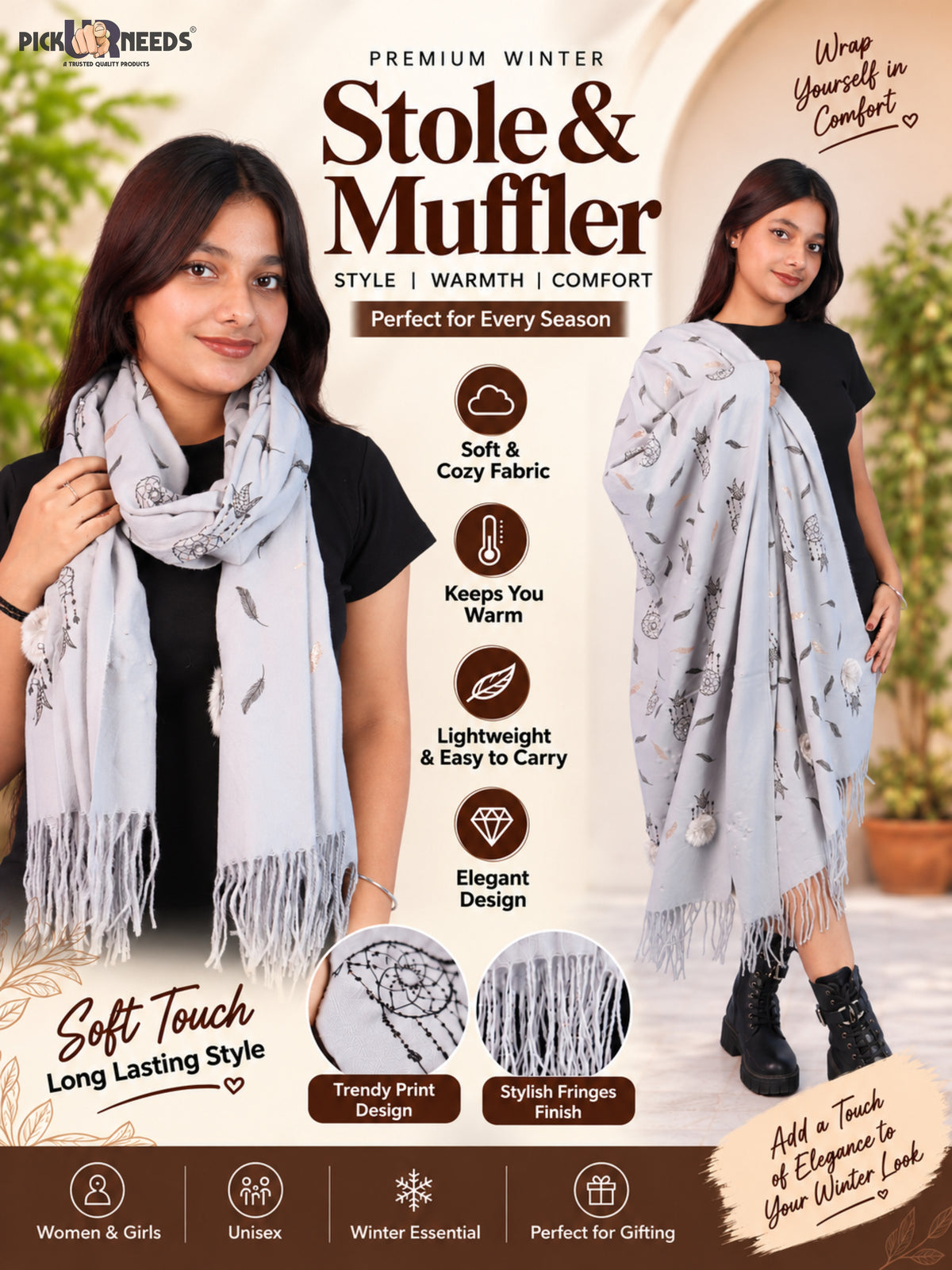 Pick Ur Needs Womens & Girls Muffler & Scarf with Elegant Dreamcatcher Print Soft Warm Lightweight Winter Neck Wrap with Stylish Fringes