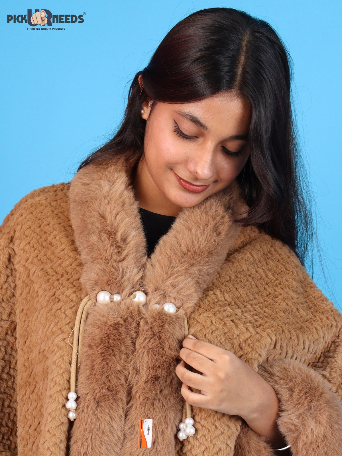 Pick Ur Needs Ladies Winter Shrug with Plush Fur Style Border & Pearl Bead Accents Textured Soft Fabric Open Front Cape Poncho with Wide Sleeves for Girls & Women
