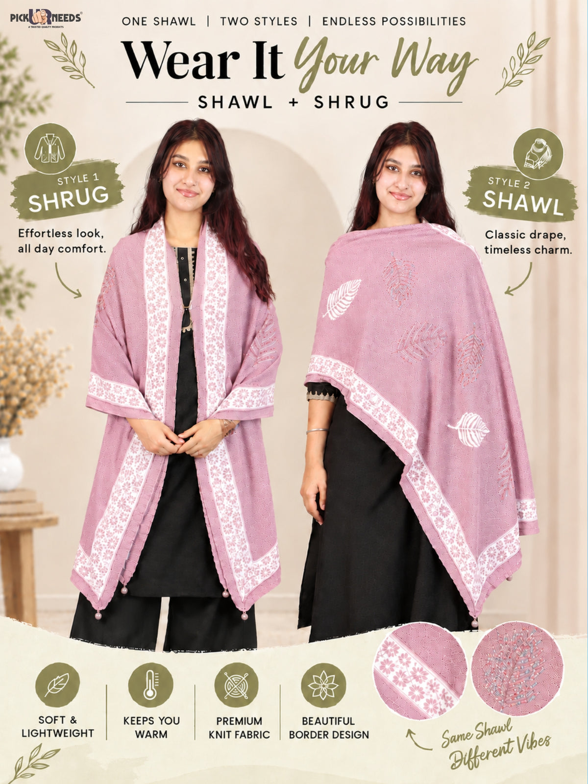 Pick Ur Needs Girls & Womens Winter Soft Lightweight Knitted Shawl with Leaf Design, Floral Border & Decorative Tassels