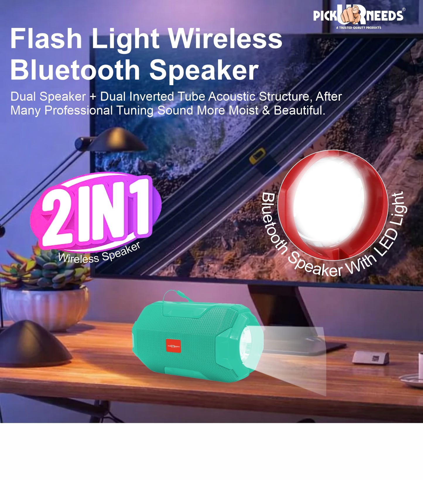 Pick Ur Needs 10W Rechargeable Wireless Bluetooth Speaker with Torch Light | 1200mAh Battery | Bluetooth 5.0 | FM Radio | USB/TF Card | AUX | TWS | Portable Outdoor Speaker