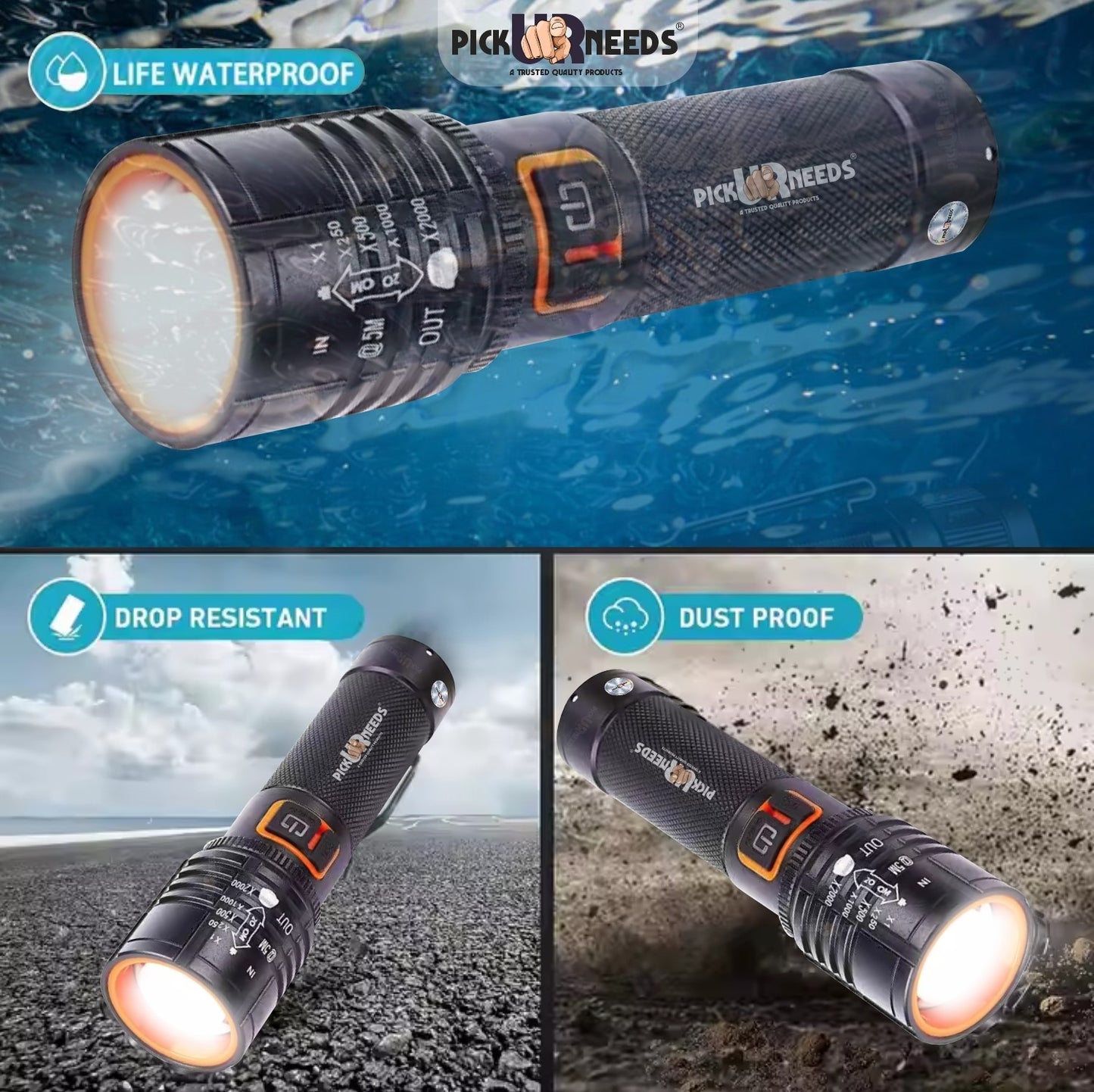 Pick Ur Needs Rechargeable Emergency Search Light Zoomable Head Adjustable 50W High Brightness Type C Charging 3 Mode Long Range Torch Light