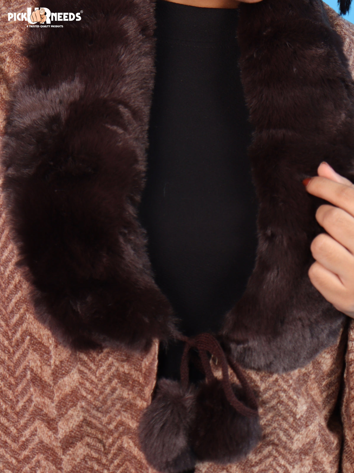Pick Ur Needs Womens & Girls Designer Winter Shawl with Plush Fur Neckline & Patterned Border Soft Cozy Ladies Shoulder Wrap with Fringed Edges & Pom Pom Tassels