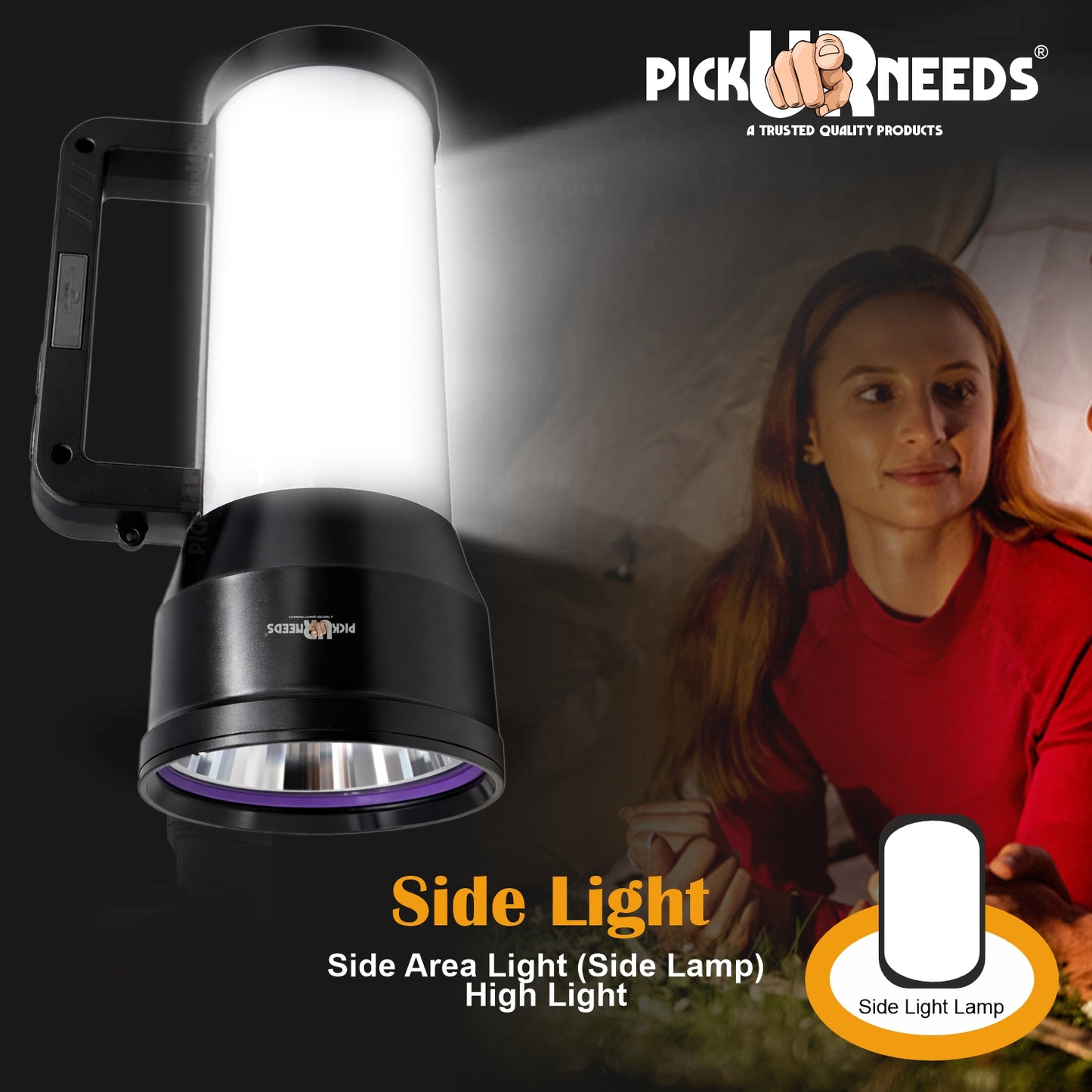 Pick Ur Needs 200W Rechargeable Emergency LED Long Range Distance Search Torch Light with 3600mAh Battery, Type-C Fast Charging Dual Mode Front & Side Light
