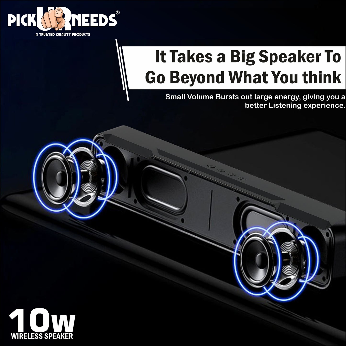 Pick Ur Needs Portable Bluetooth Wireless Soundbar Party Speaker 10W, Heavy Bass, TWS, 5H Playtime, Multi-Connectivity (USB/SD/FM/AUX)