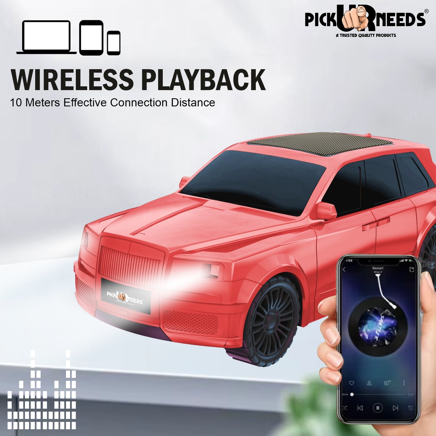 Pick Ur Needs Royal Car Shape Wireless Bluetooth Speaker 5W Powerful Deep Bass Sound, LED Headlights, Stylish Car Design 1200mAh Battery
