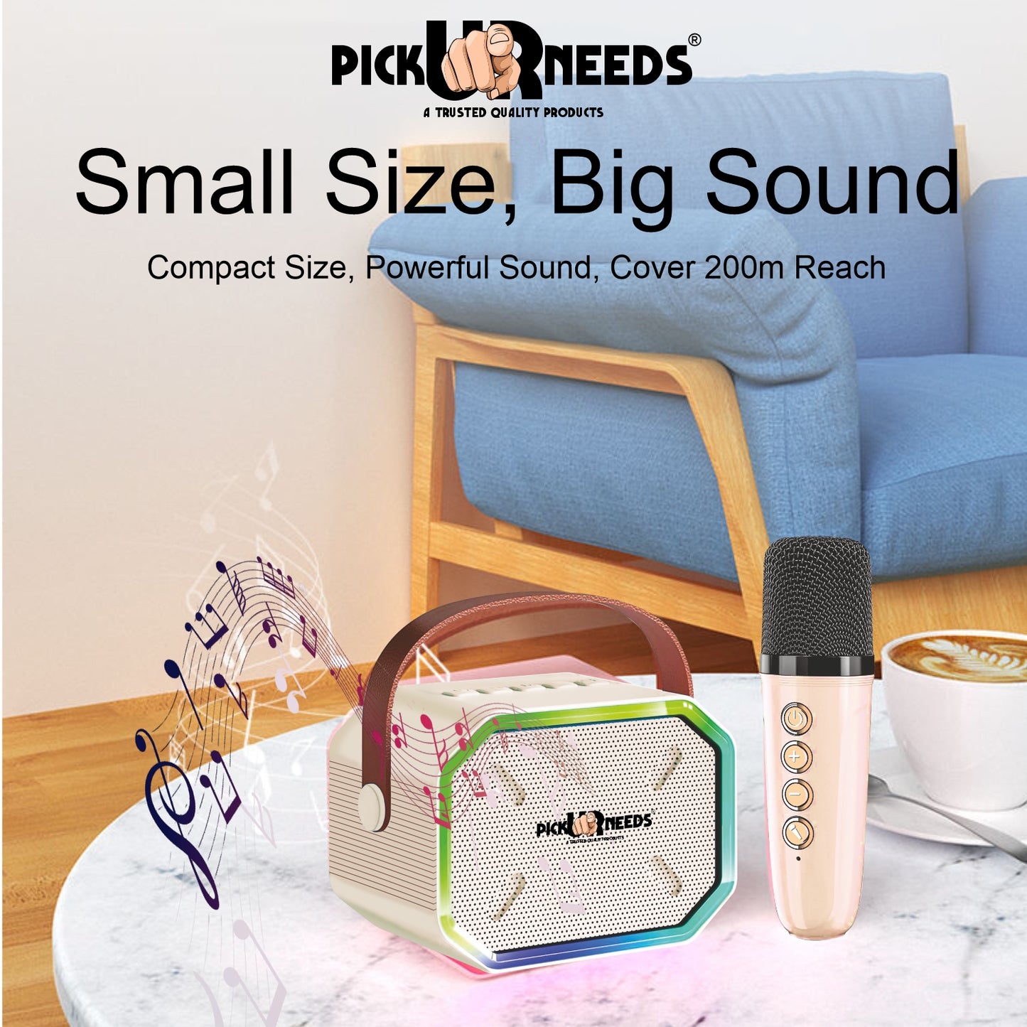 Pick Ur Needs 15W Portable Bluetooth Karaoke Speaker with Mic, 2000mAh Battery, Type-C Charging, RGB Lights, TF Card, Stereo Sound – Wireless Karaoke System (Black)