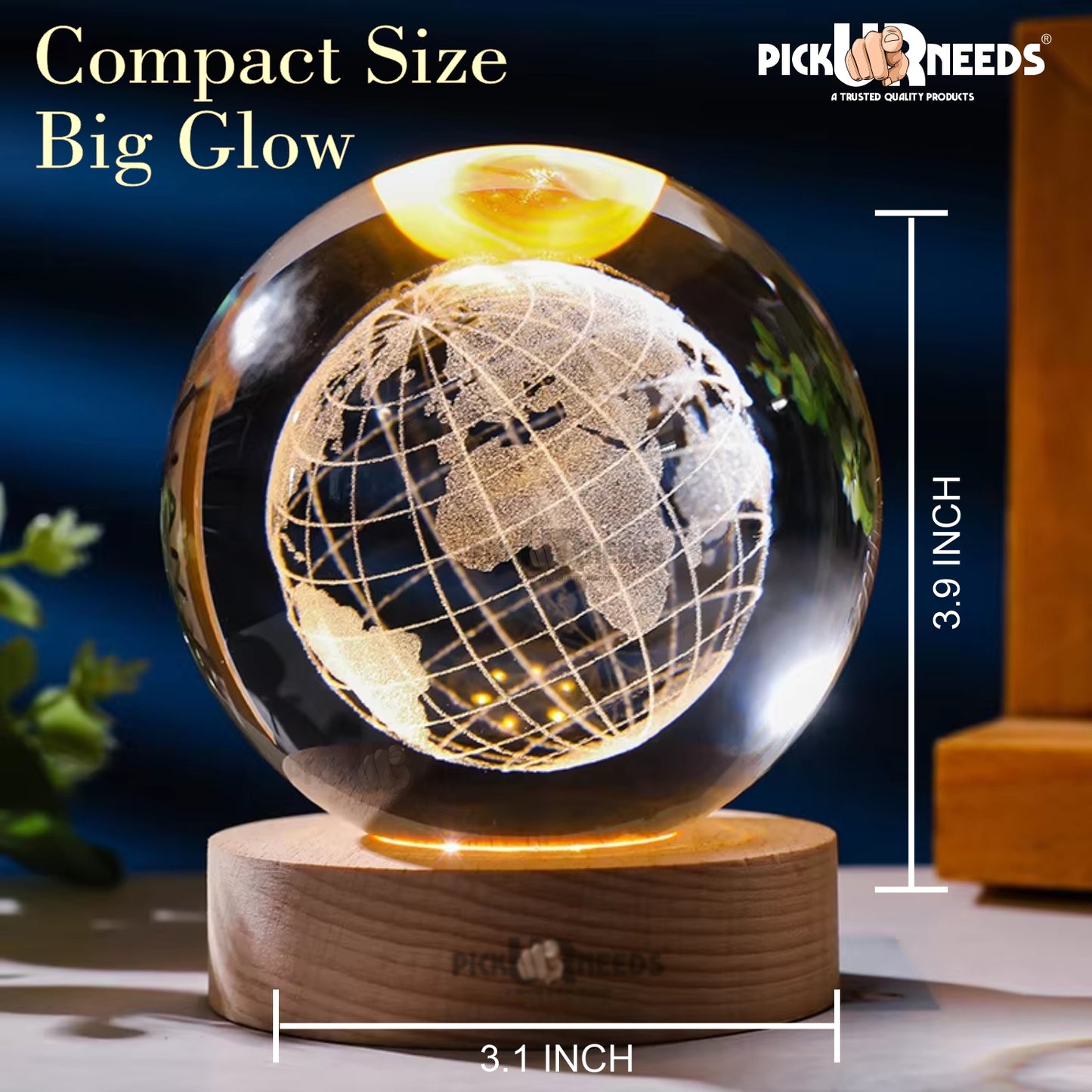 Pick Ur Needs 3D Galaxy Laxmi Ganesh Crystal Ball Night Light– Beech Wood Base– Decor for Home Night Lamp  (9.5 cm, Gold)