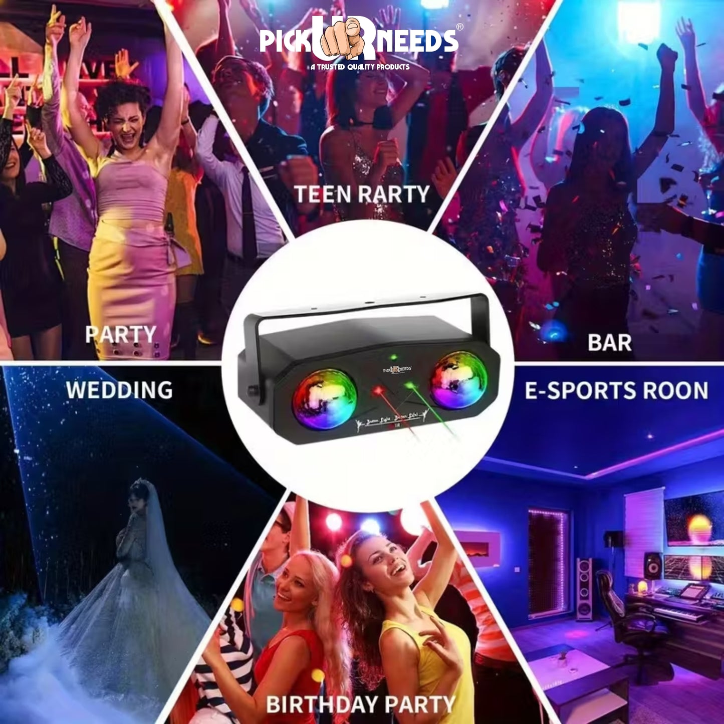 Pick Ur Needs Dual Lens Party Light Projector with Remote – Sound Activated LED Disco Ball Light with RGB Laser & Strobe Effects for Home Party, Club, DJ, Wedding, Stage Lighting – Plug & Play