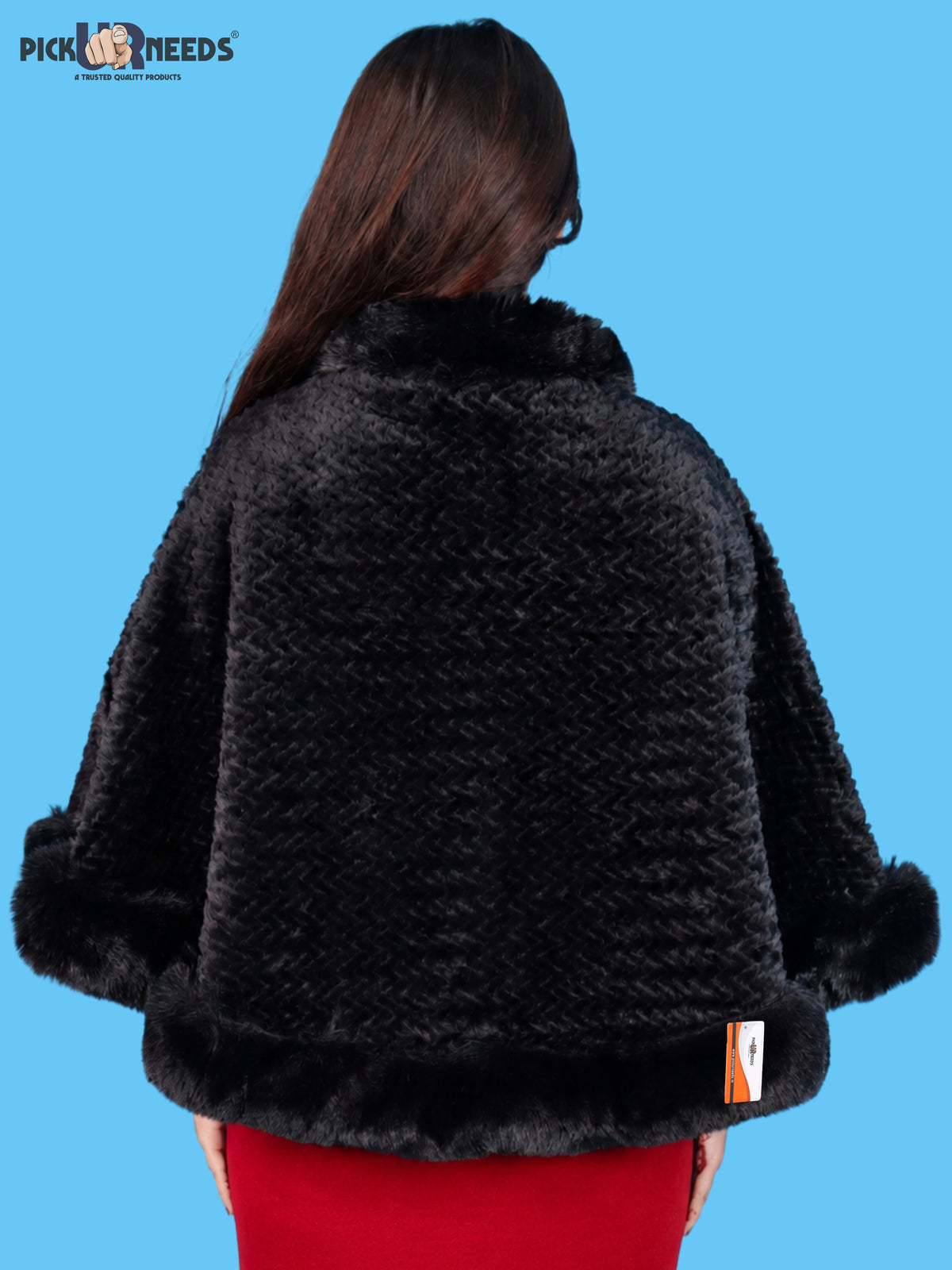 Pick Ur Needs Ladies Winter Shrug with Plush Fur Style Border & Pearl Bead Accents Textured Soft Fabric Open Front Cape Poncho with Wide Sleeves for Girls & Women