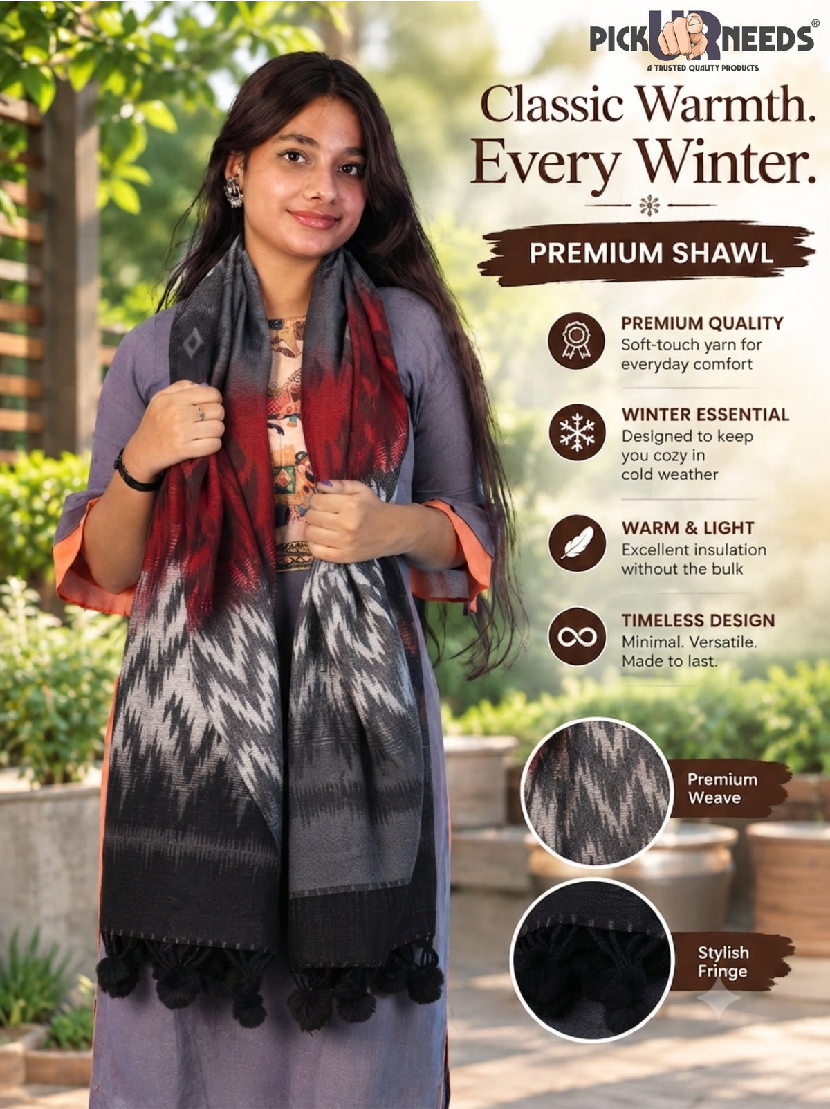 Pick Ur Needs Women Winter Shawl Soft Warm Geometric Printed Woolen Style Stole with Pom Pom Tassels Stylish Long Wrap Muffler for Women & Girls