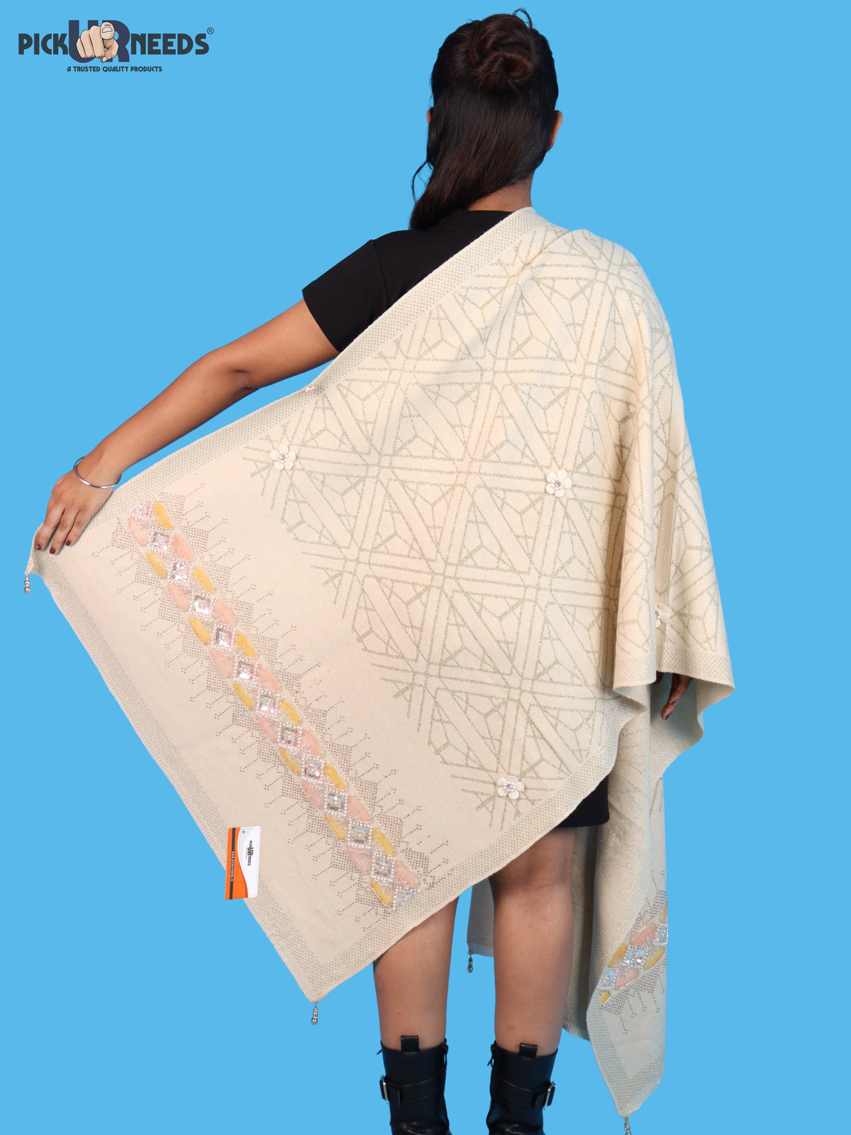 Pick Ur Needs Womens Soft Woolen Winter Girls Shawl with Elegant Geometric Design & Floral Embellishments Lightweight Warm Comfortable Ladies Shawl