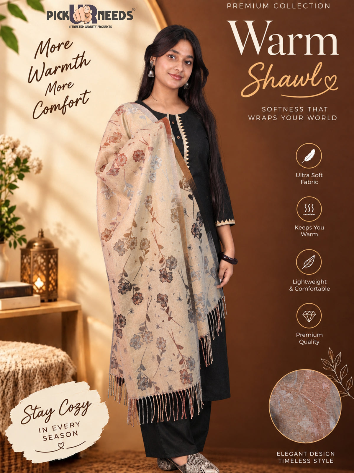 Pick Ur Needs Warm Shawl for Women – Elegant Floral Printed Winter Shawl with Fur Border