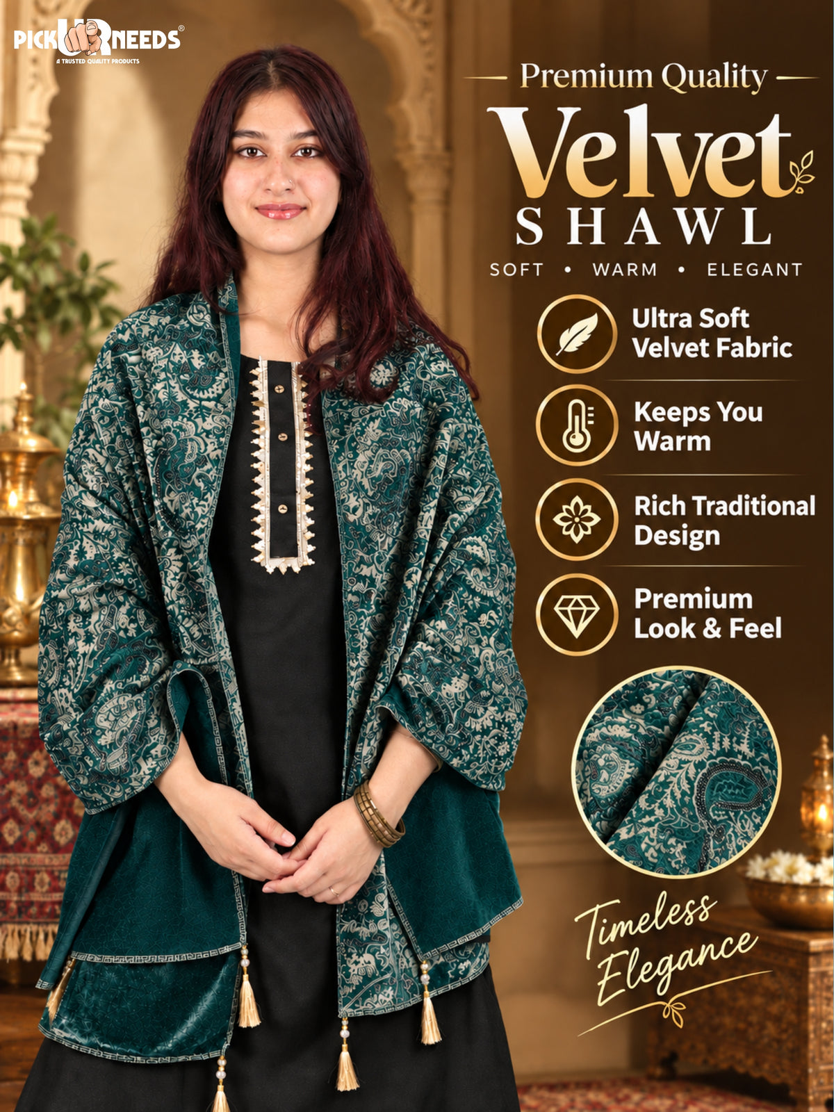 Pick Ur Needs Premium Winter Shawl for Women Ultra Soft & Cozy Warm Velvet Fabric with Rich Traditional Floral Design For Girls