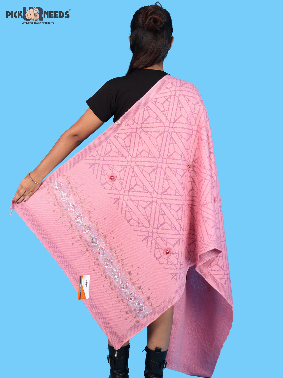 Pick Ur Needs Womens Soft Woolen Winter Girls Shawl with Elegant Geometric Design & Floral Embellishments Lightweight Warm Comfortable Ladies Shawl