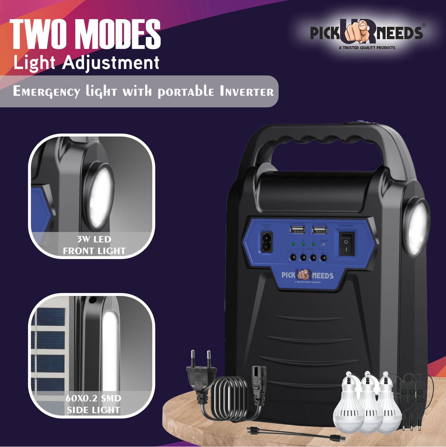 Pick Ur Needs Solar Chargeable Inverter Set Torch + Side Emergency Light + 3 Bulb 2 USB Port 7 hrs Torch Emergency Light