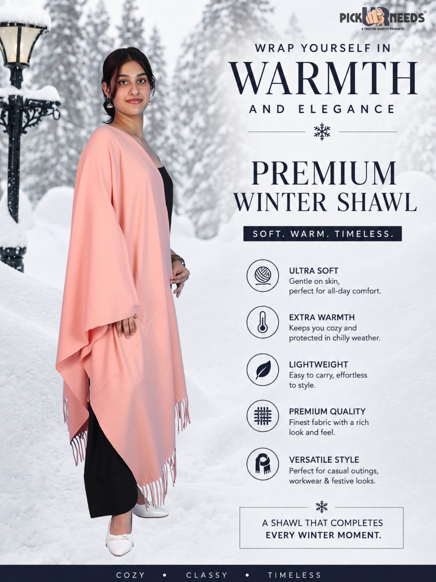 Pick Ur Needs Womens Winter Shawl Soft Warm Large Wrap Shawls with Fringe Tassels Elegant Woolen Style Stole for Girls