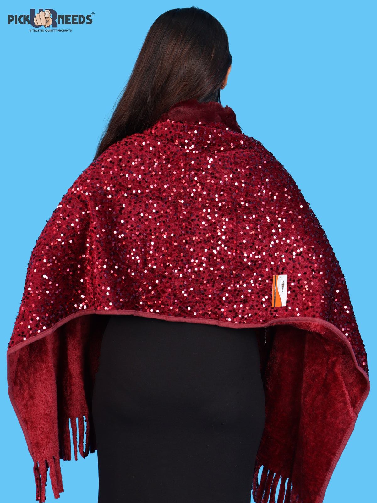 Pick Ur Needs Premium Winter Women Shawl with Shimmering Sequin Work & Soft Fur Border Elegant Warm Designer Shawls with Fringe Tassels for Ladies & Girls