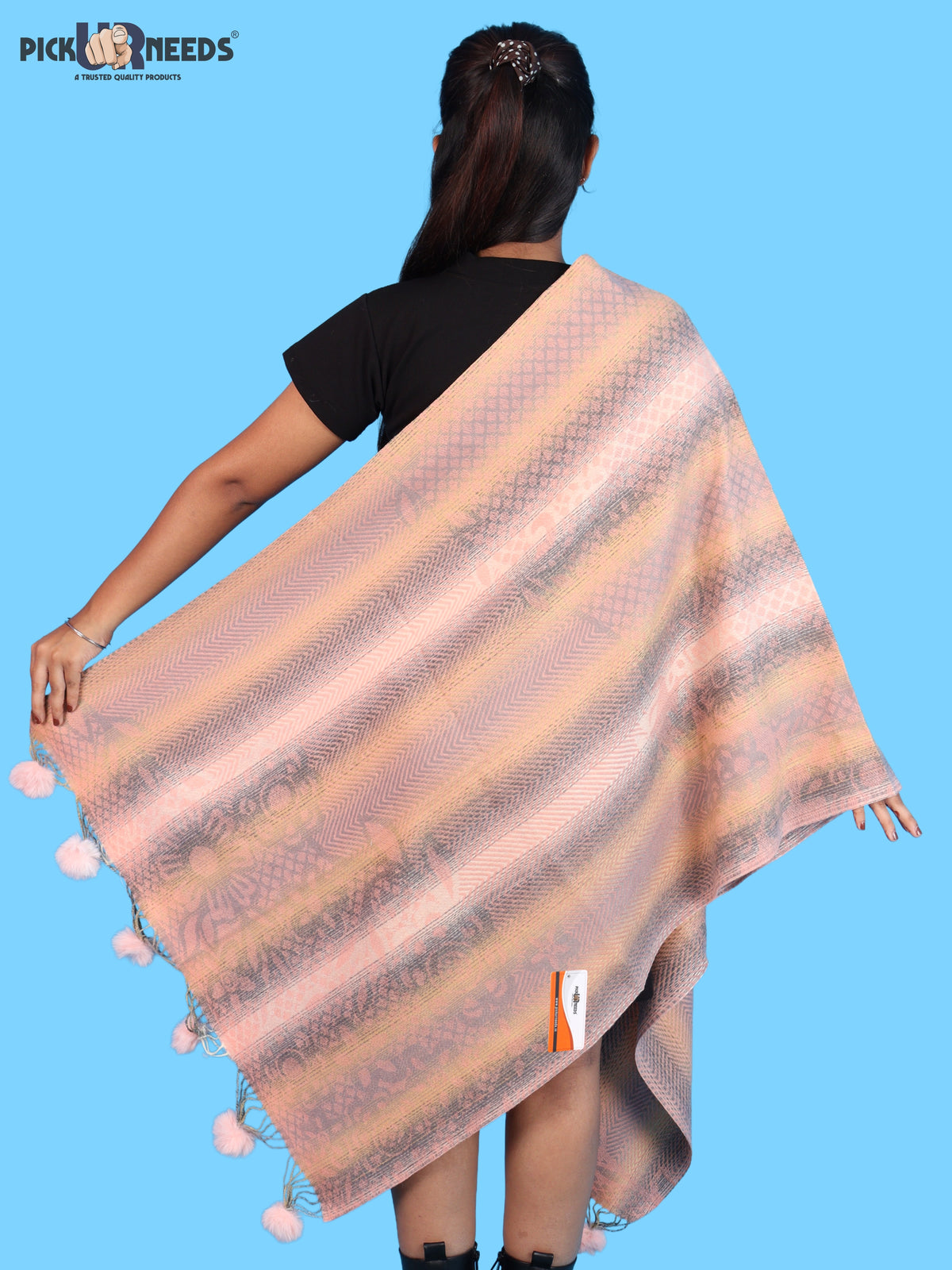 Pick Ur Needs Soft Woolen Designer Winter Shawl with Beautiful Floral Pattern & Pom Pom Tassels For Girls & Womens