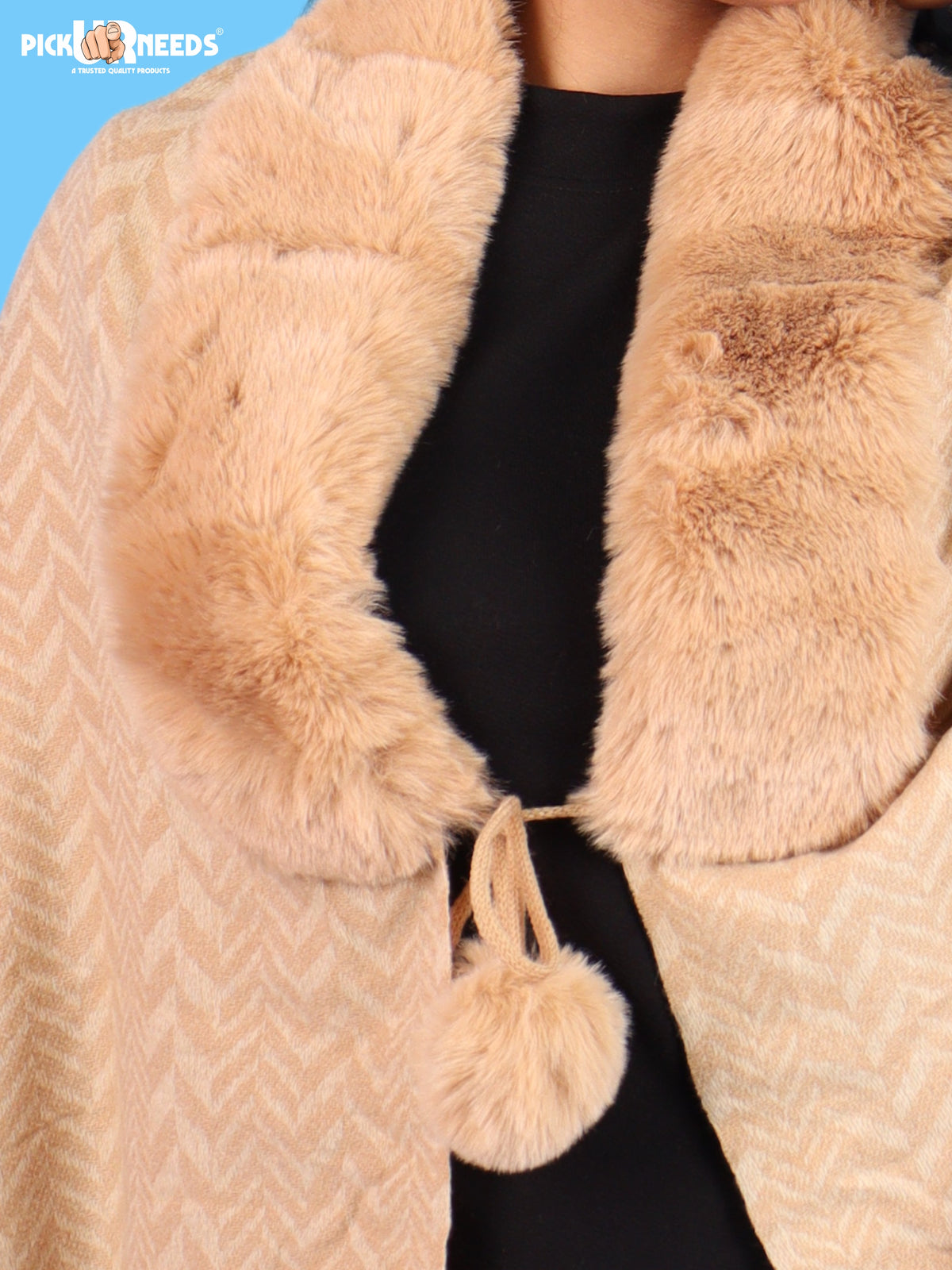 Pick Ur Needs Womens & Girls Designer Winter Shawl with Plush Fur Neckline & Patterned Border Soft Cozy Ladies Shoulder Wrap with Fringed Edges & Pom Pom Tassels