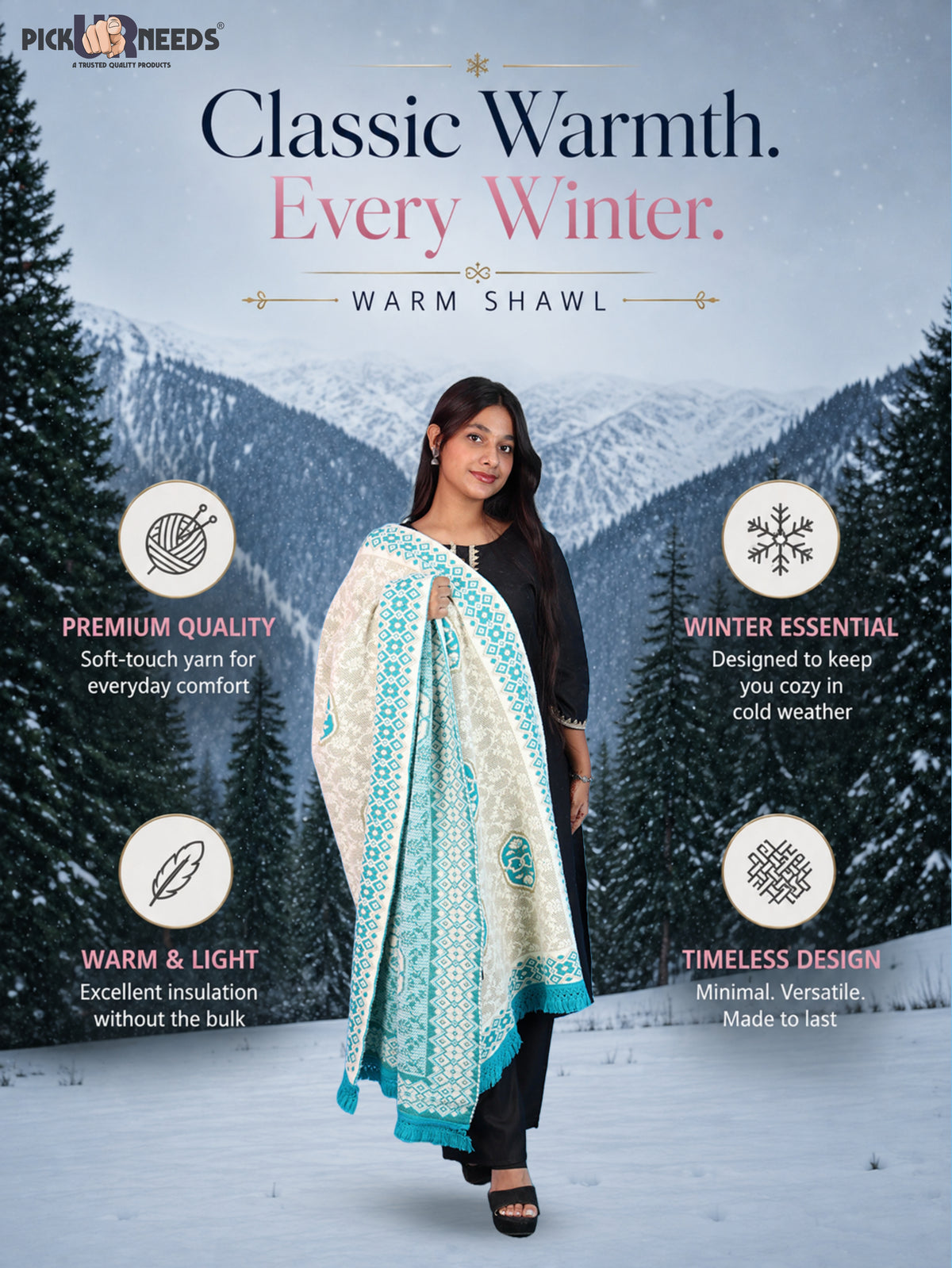 Pick Ur Needs Printed Women’s Woolen Shawl with Elegant Floral Pattern & Fur Border
